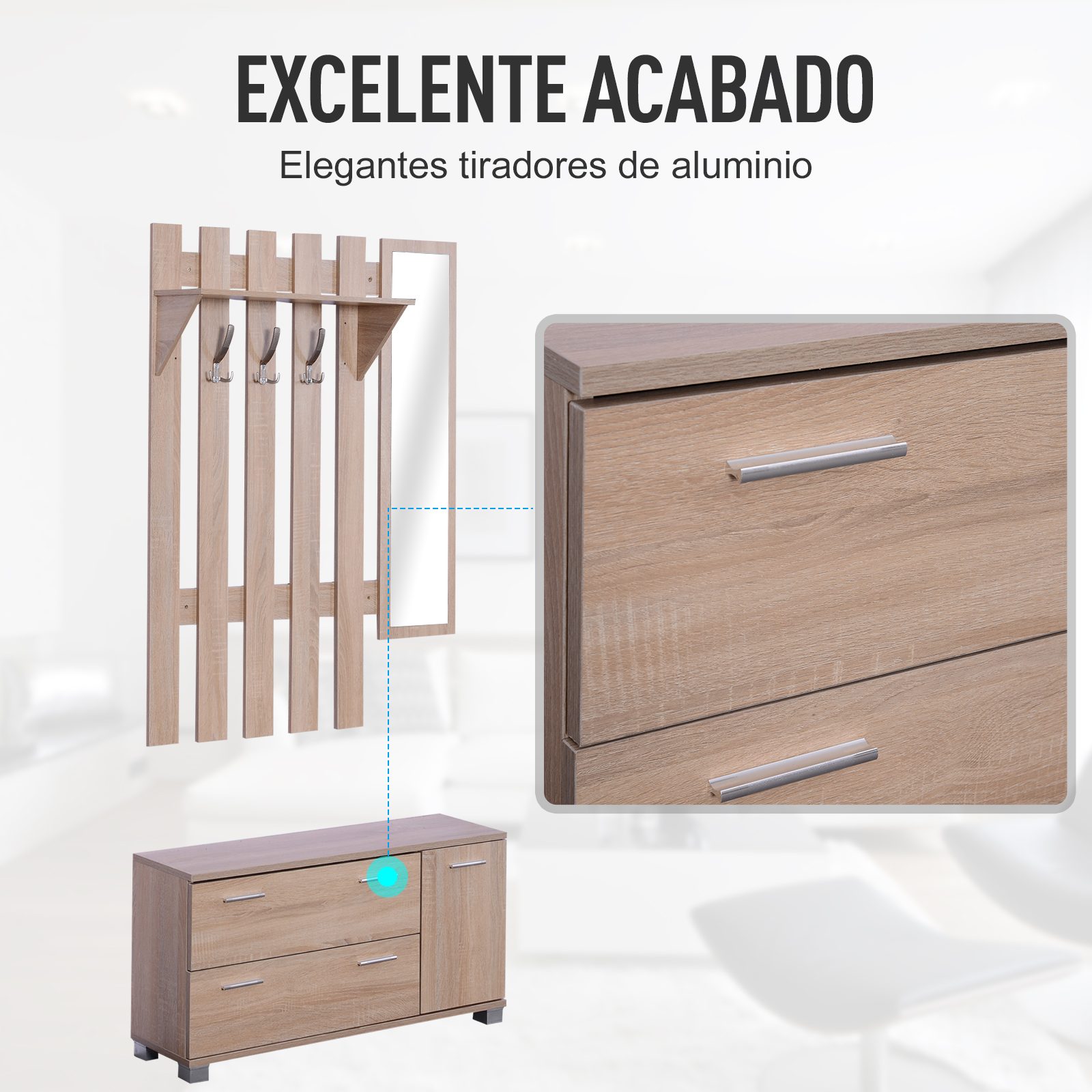 Perchero de madera con espejo y cómoda de madera con tiradores.