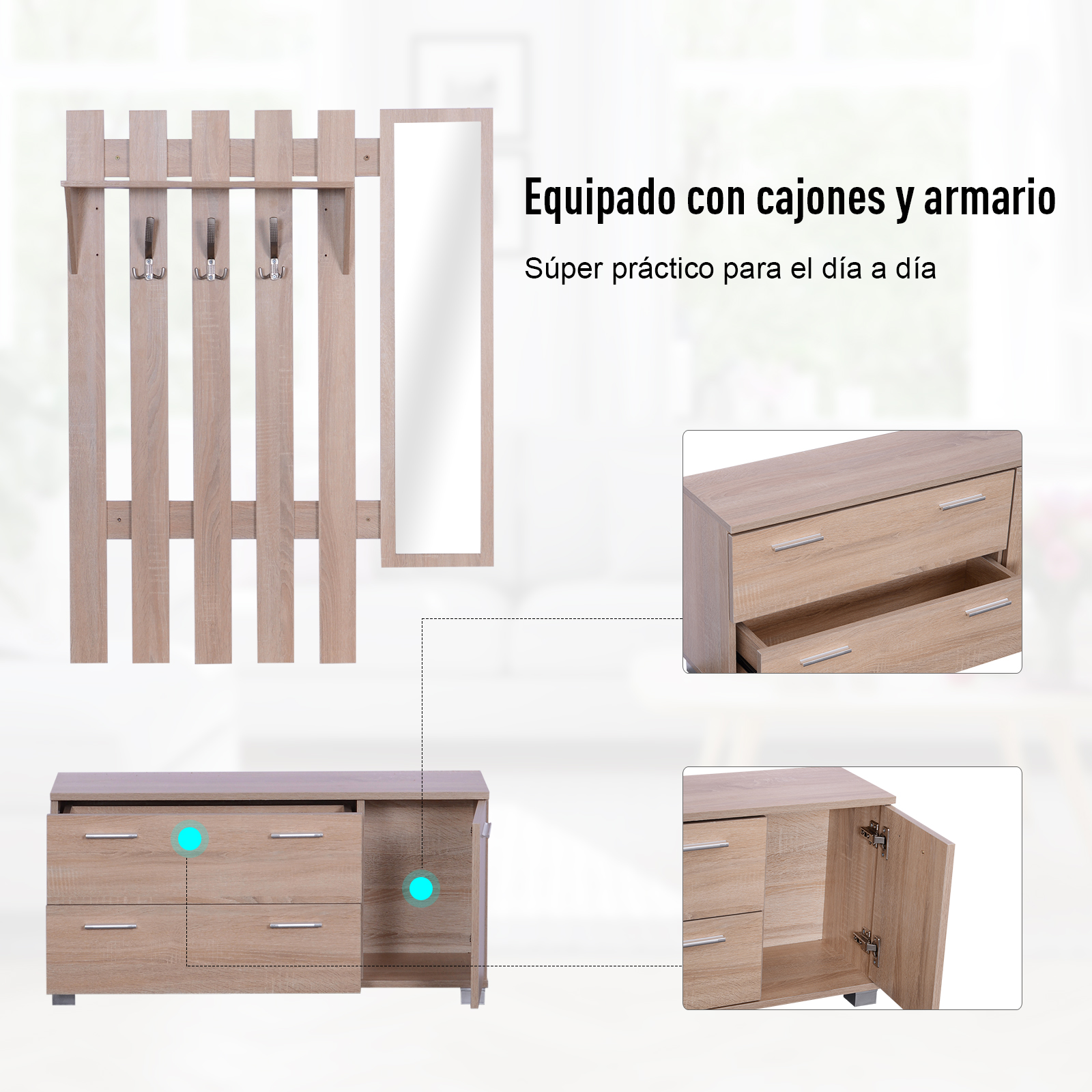 Perchero de madera con espejo, cómoda con puerta de armario.