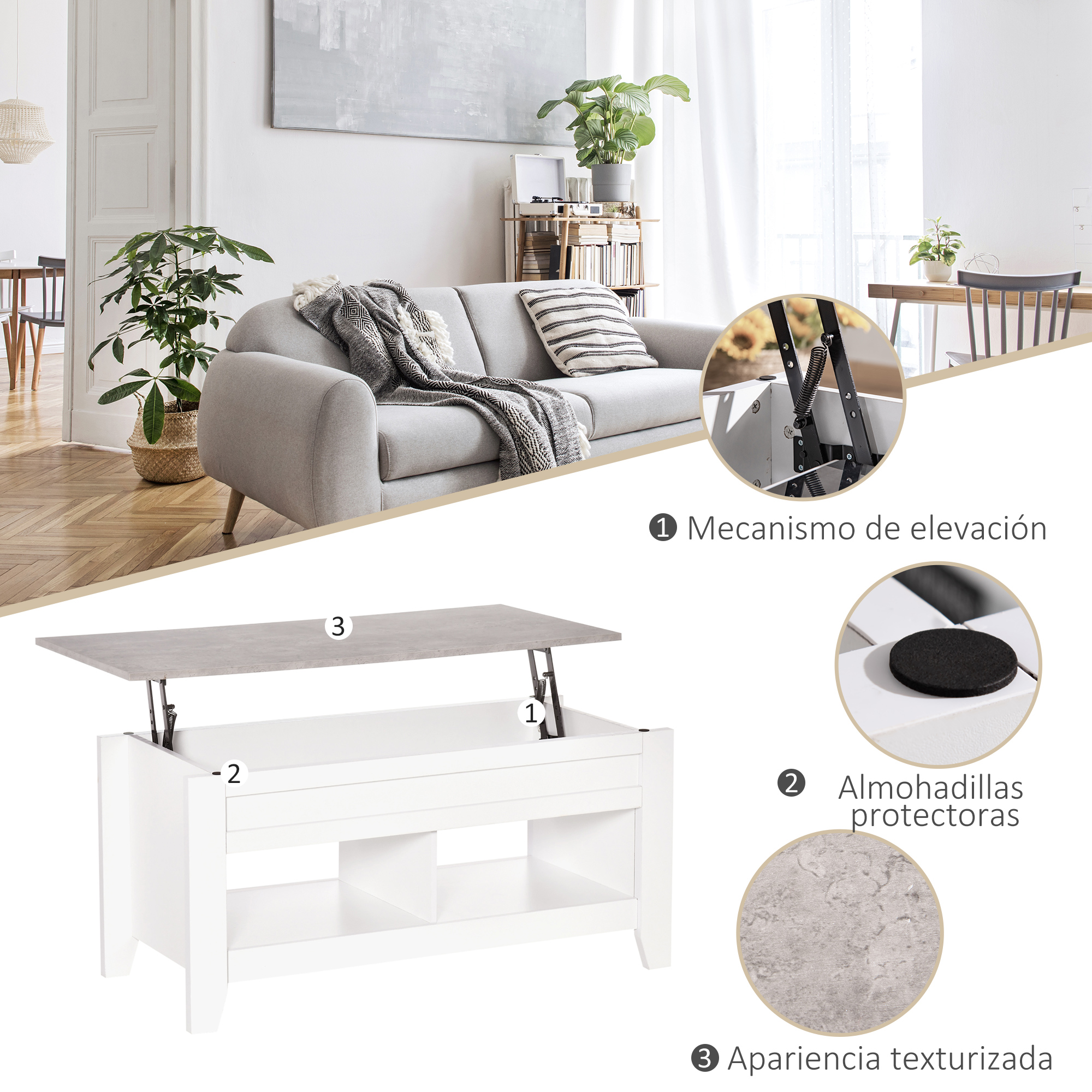 Un mueble blanco para café con tapa gris elevable y detalles.