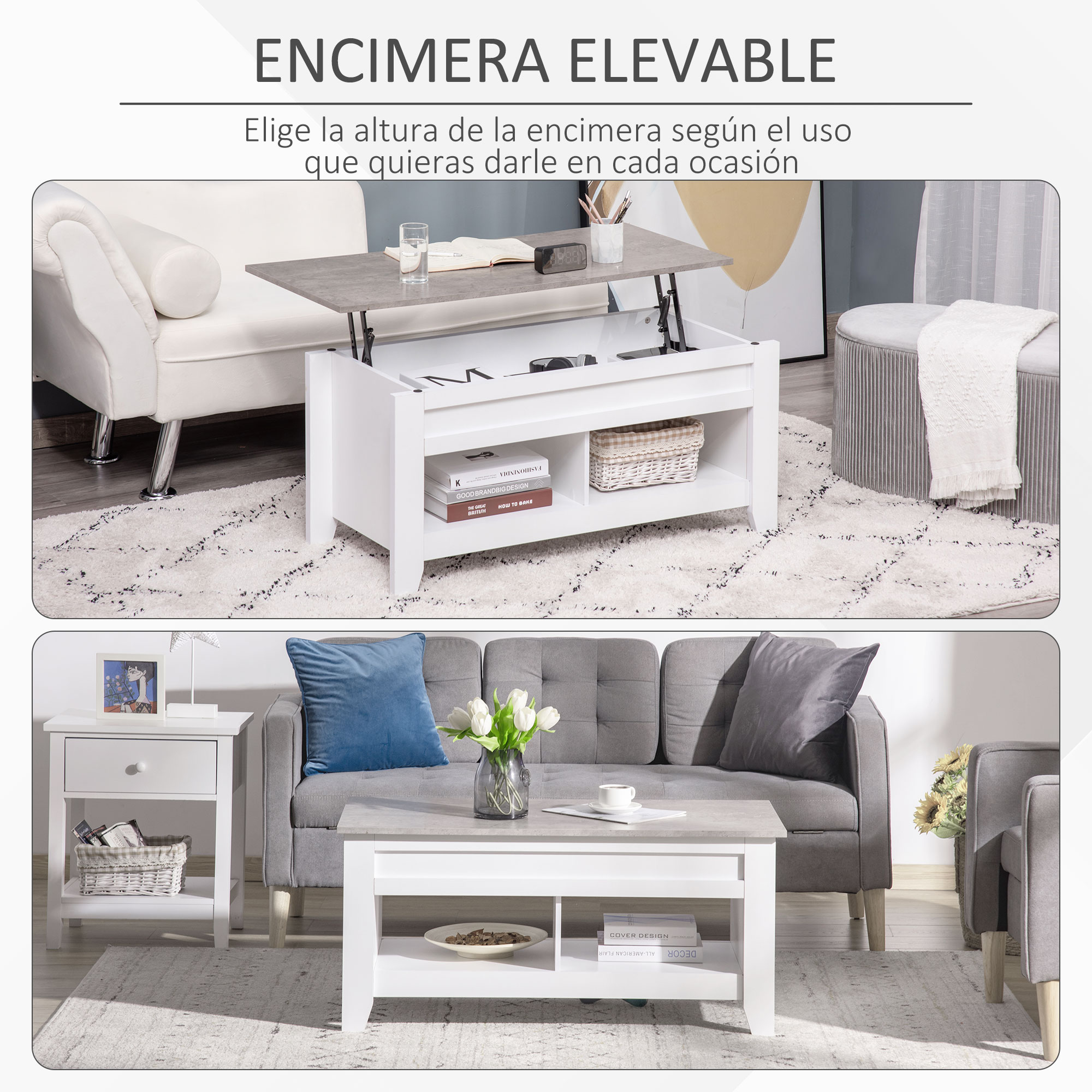Mesa de centro elevable con base blanca y tapa gris, junto a un sofá.