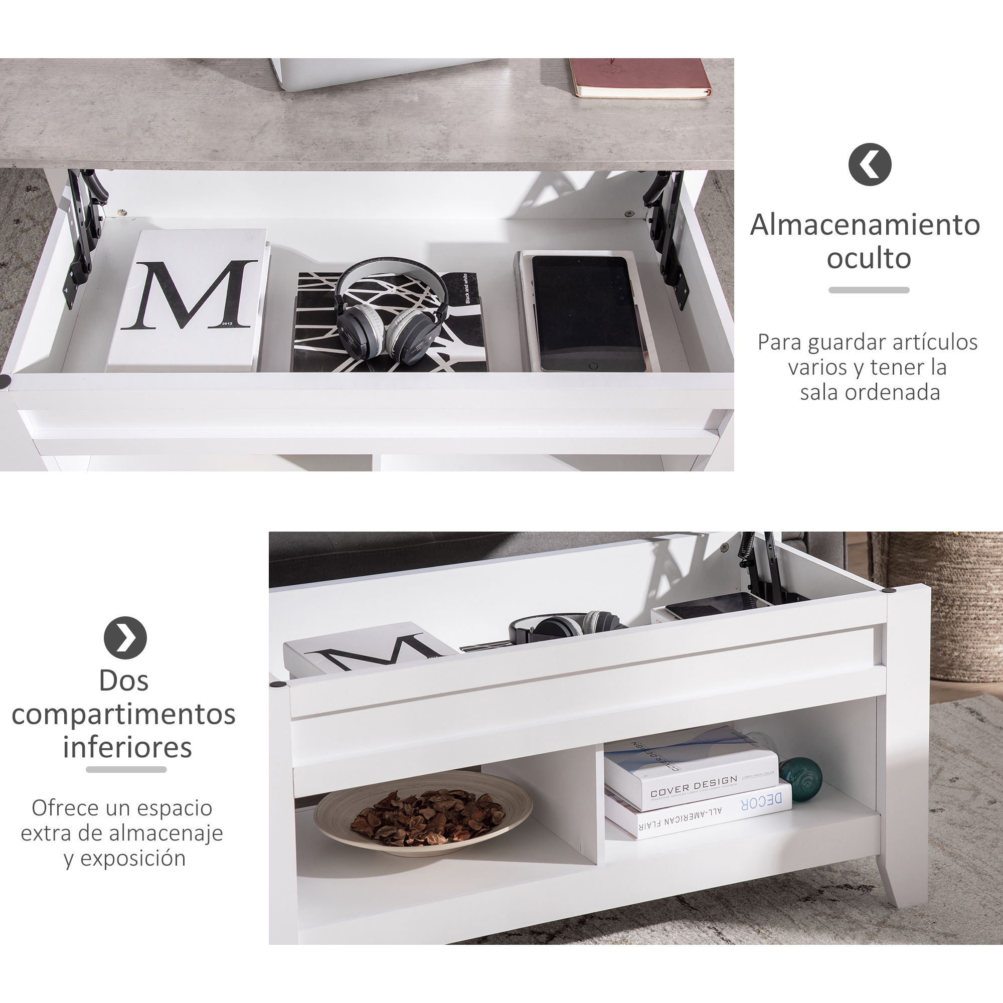 Mesa abierta con compartimento oculto para libros y audífonos.