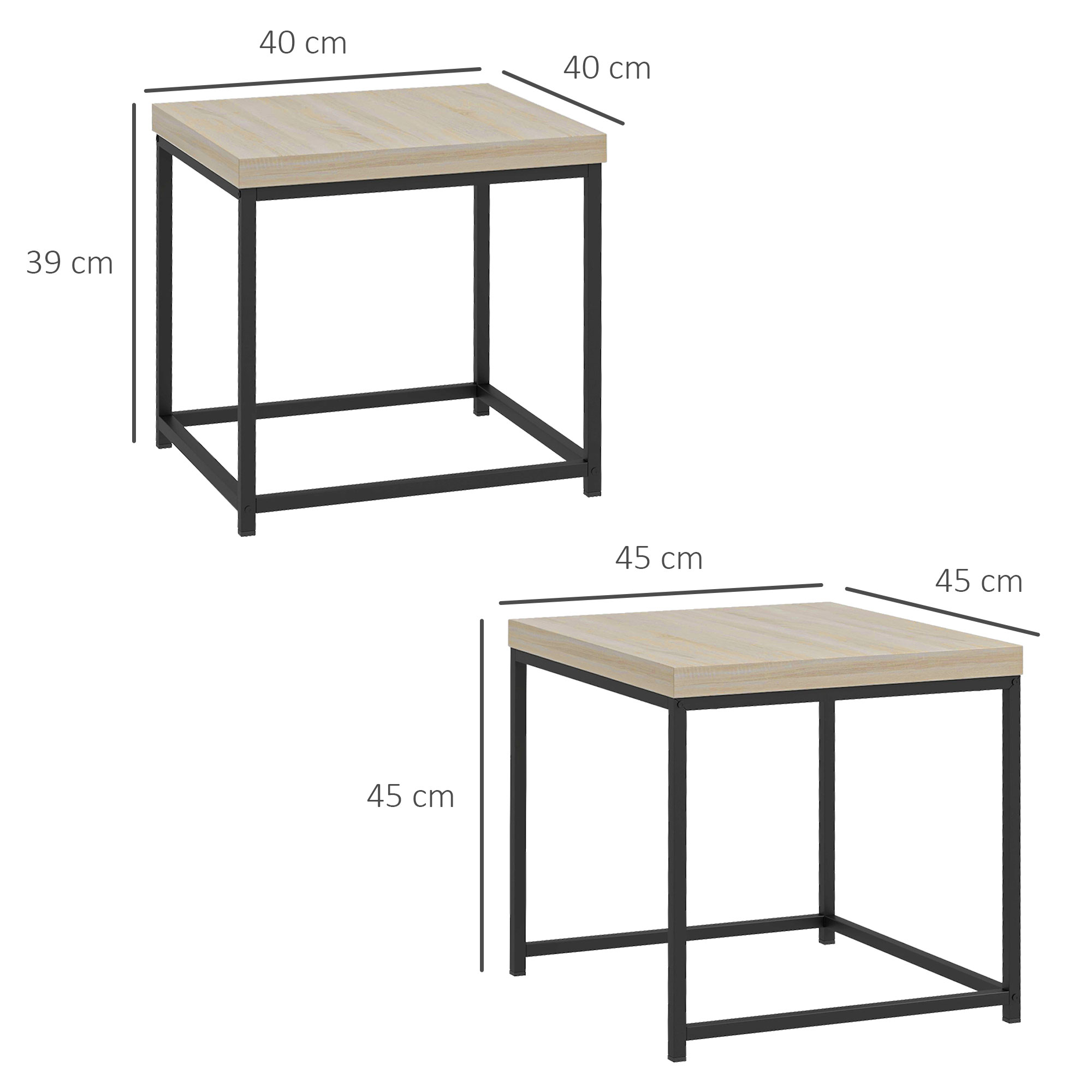 Dos mesas rectangulares con tapa de madera y estructura de metal negro.