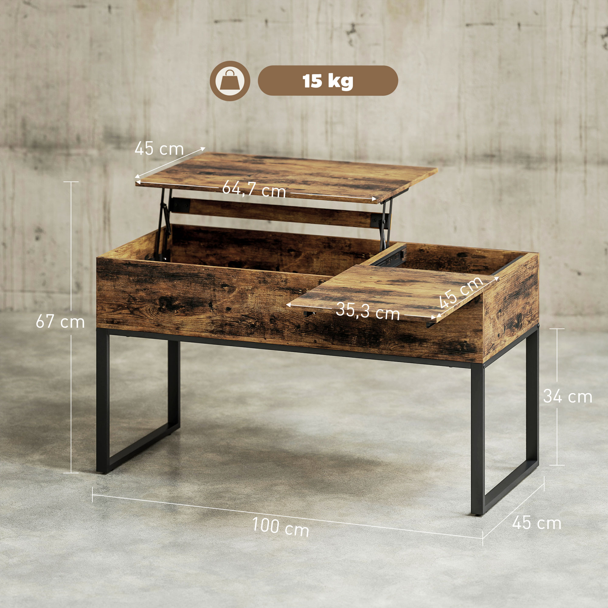Mesa de centro de madera elevable con patas metálicas negras. Dimensiones: 100x67x45 cm.