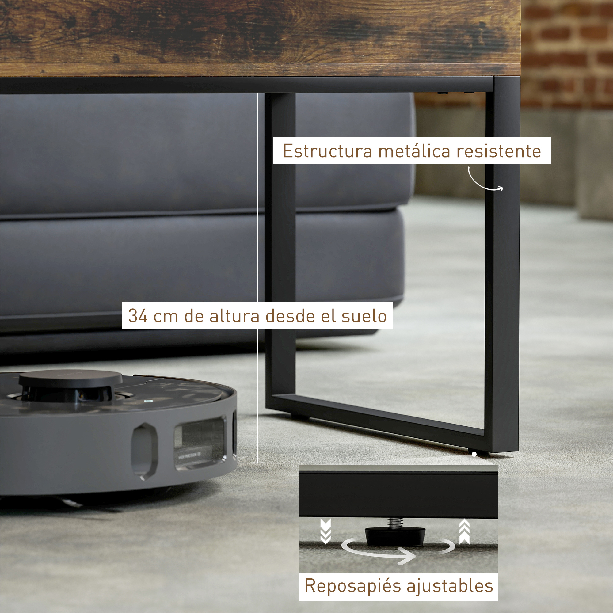 Aspirador robot bajo mesa con estructura metálica y patas ajustables.