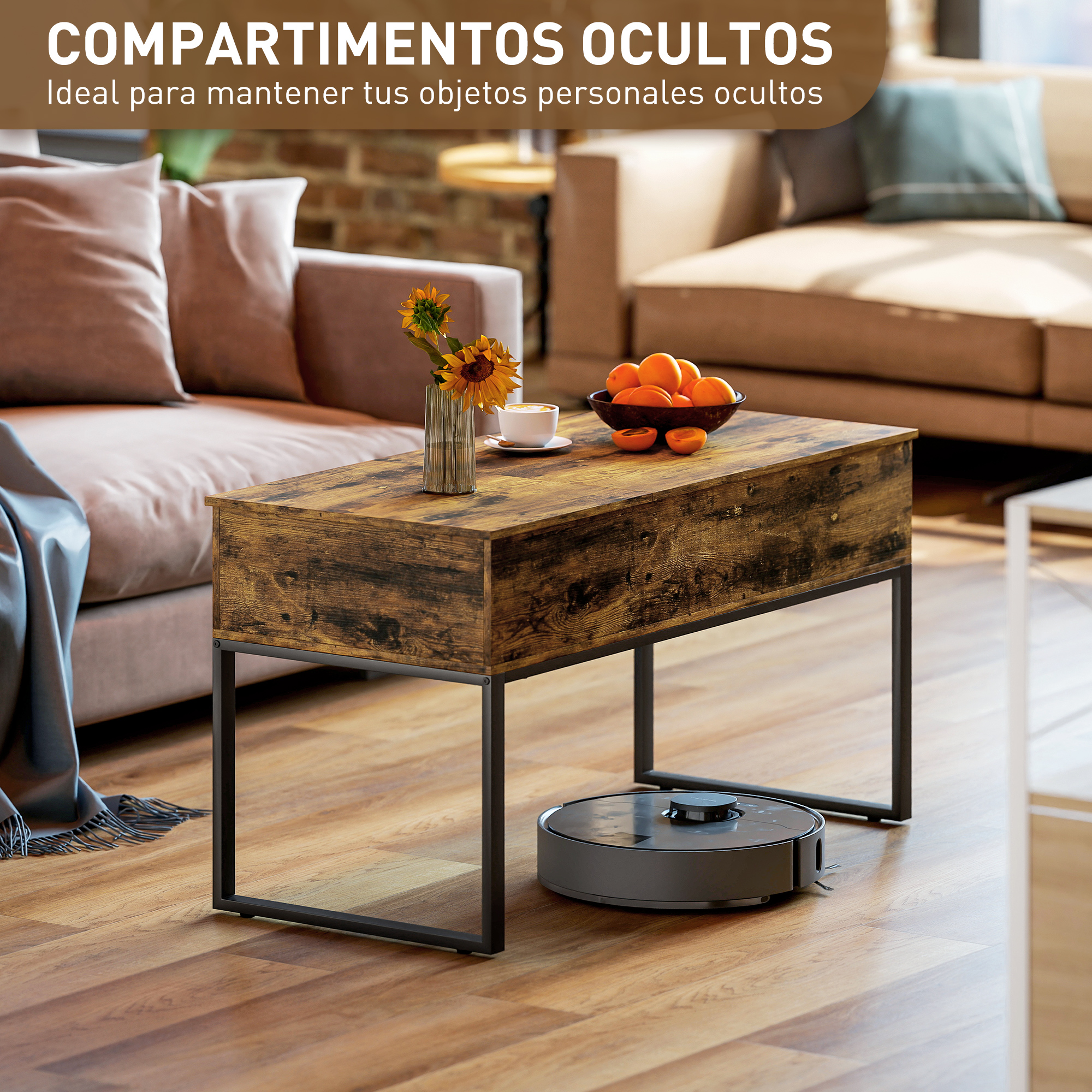 Mesa de centro de madera rústica con patas metálicas, aspiradora robot cerca.