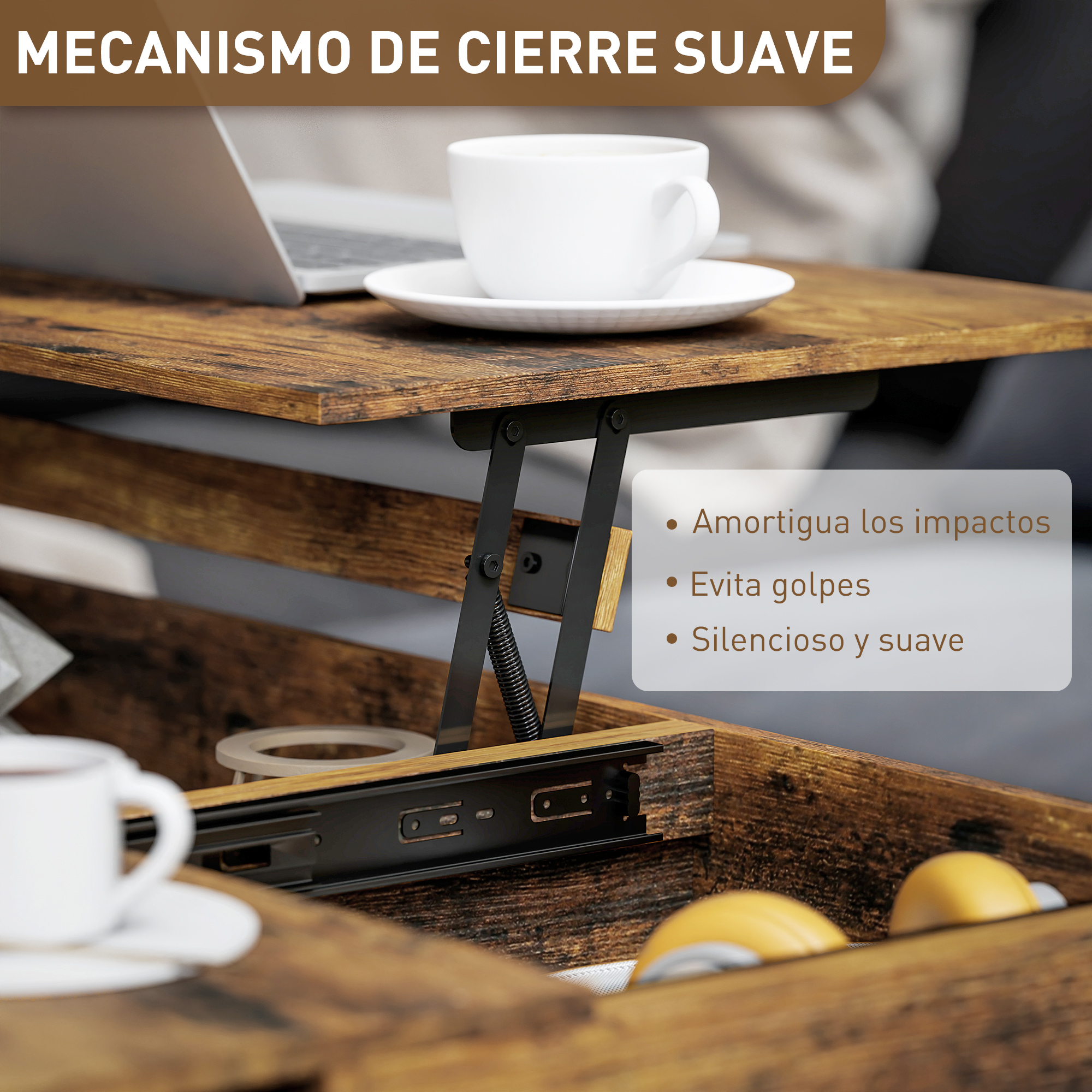 Un mecanismo de mesa con laptop, taza de café y cajones.