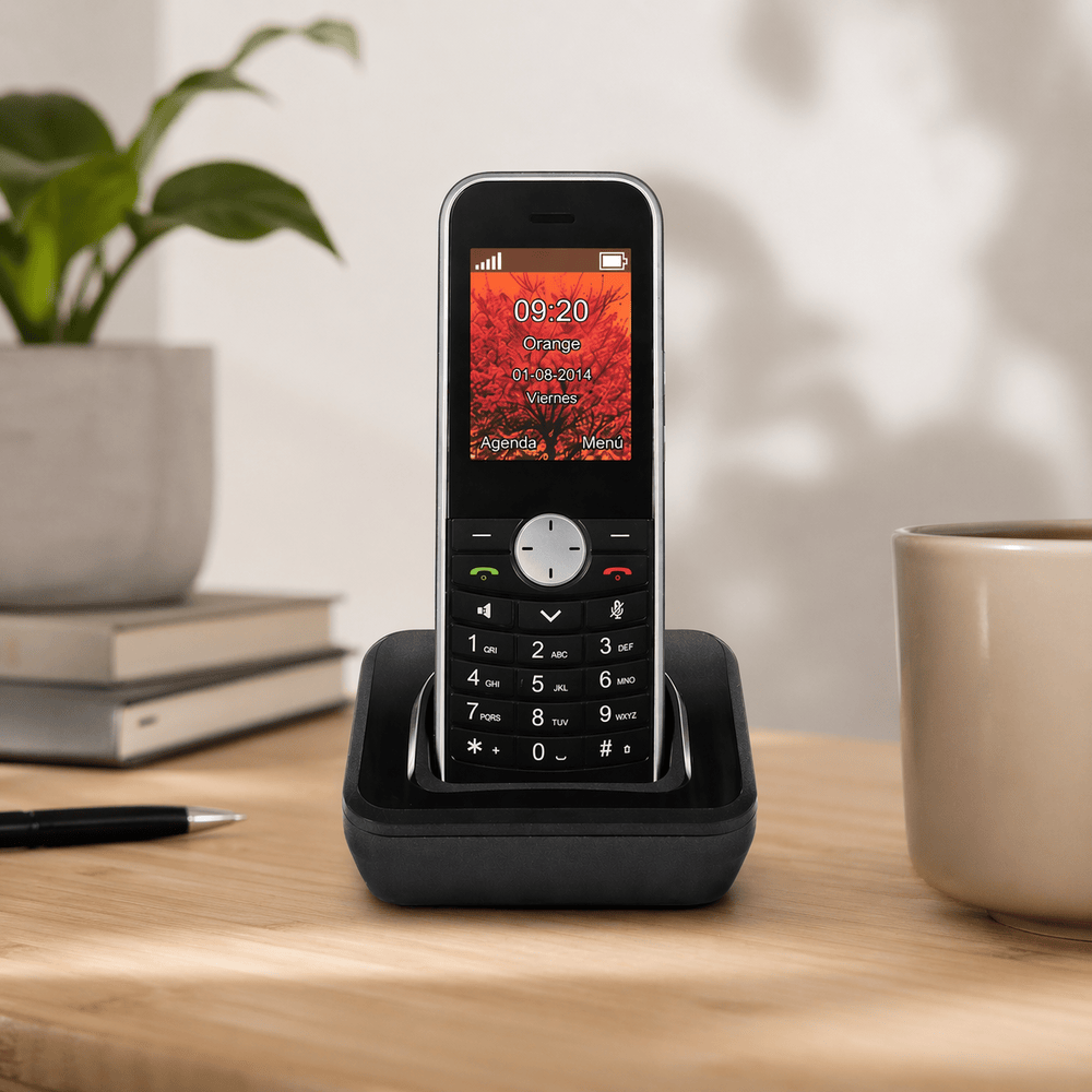 Un teléfono inalámbrico negro con teclado en su base de carga sobre una mesa de madera.