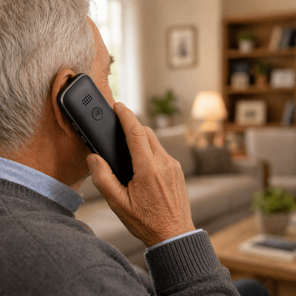 Hombre mayor con cabello gris habla por un teléfono inalámbrico negro en una sala de estar.