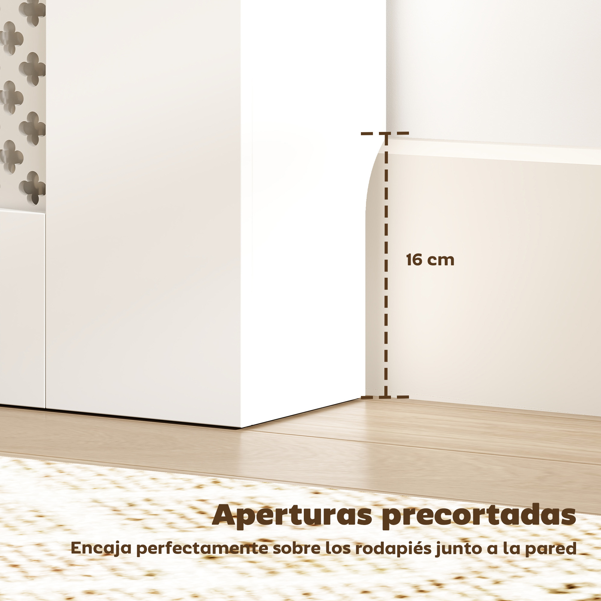 Muebles blancos con recorte de 16 cm junto a pared y alfombra.