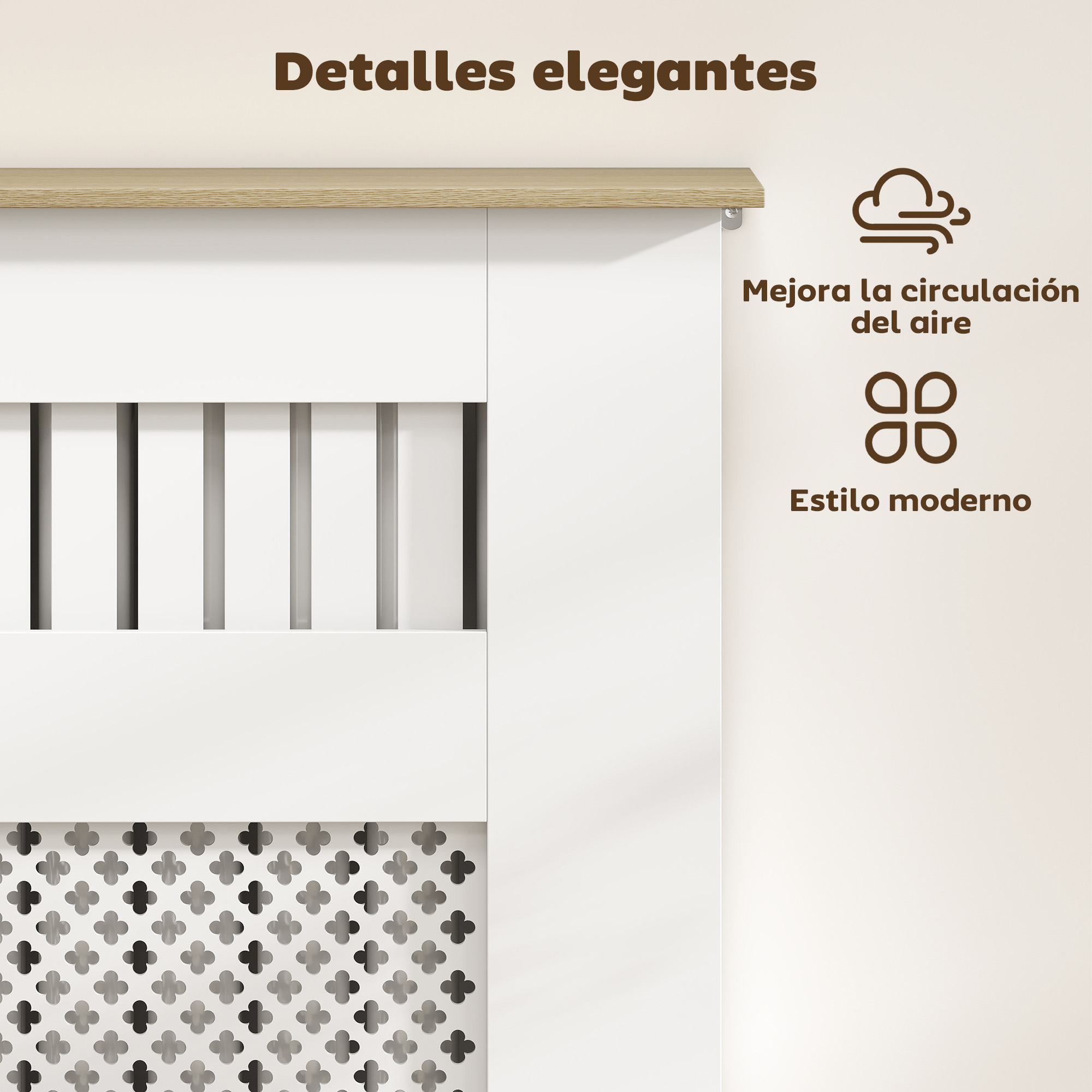 Frente de mueble blanco con estante de madera y perforaciones decorativas. Iconos de circulación de aire.