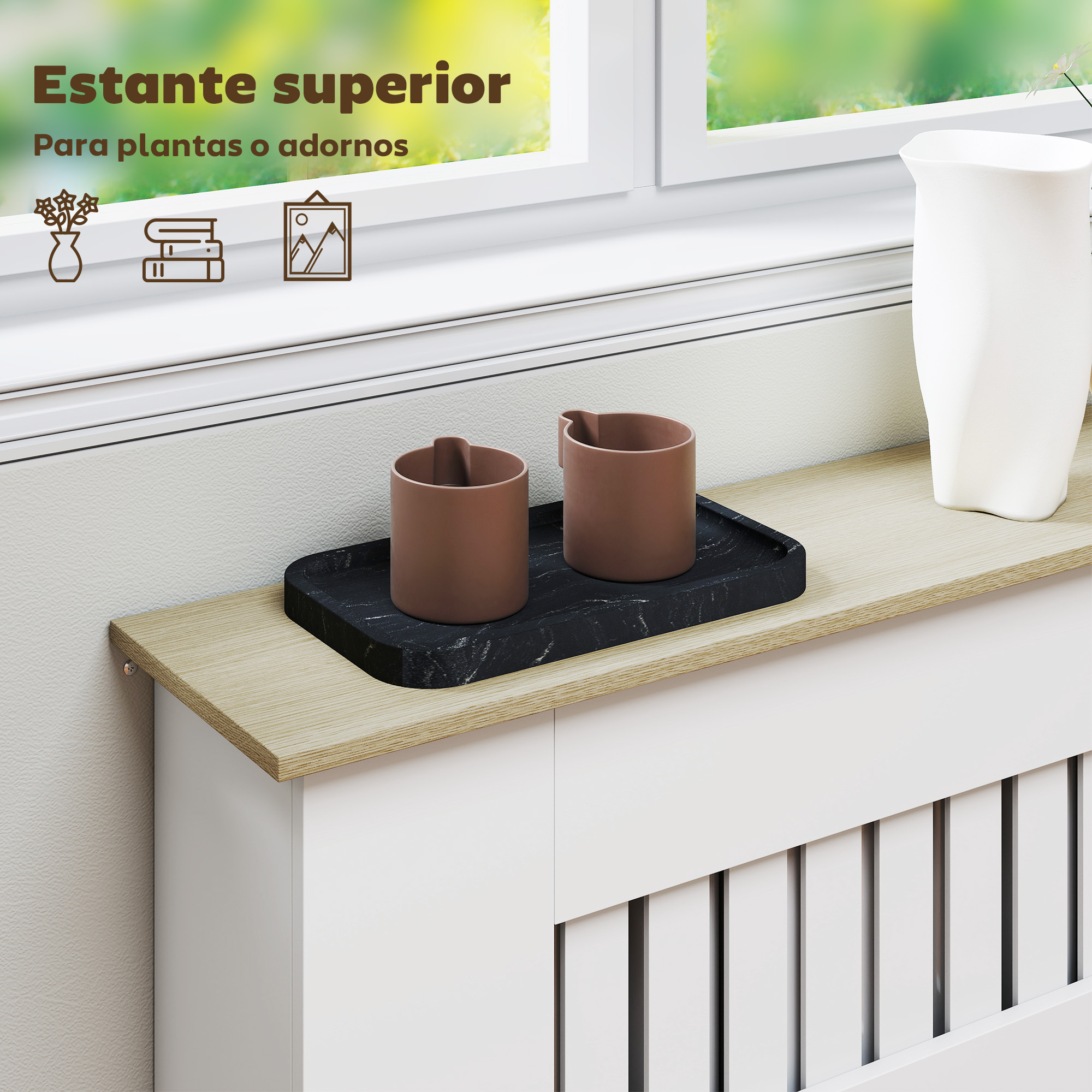 Estante sobre radiador blanco con dos tazas marrones en bandeja de mármol negro.