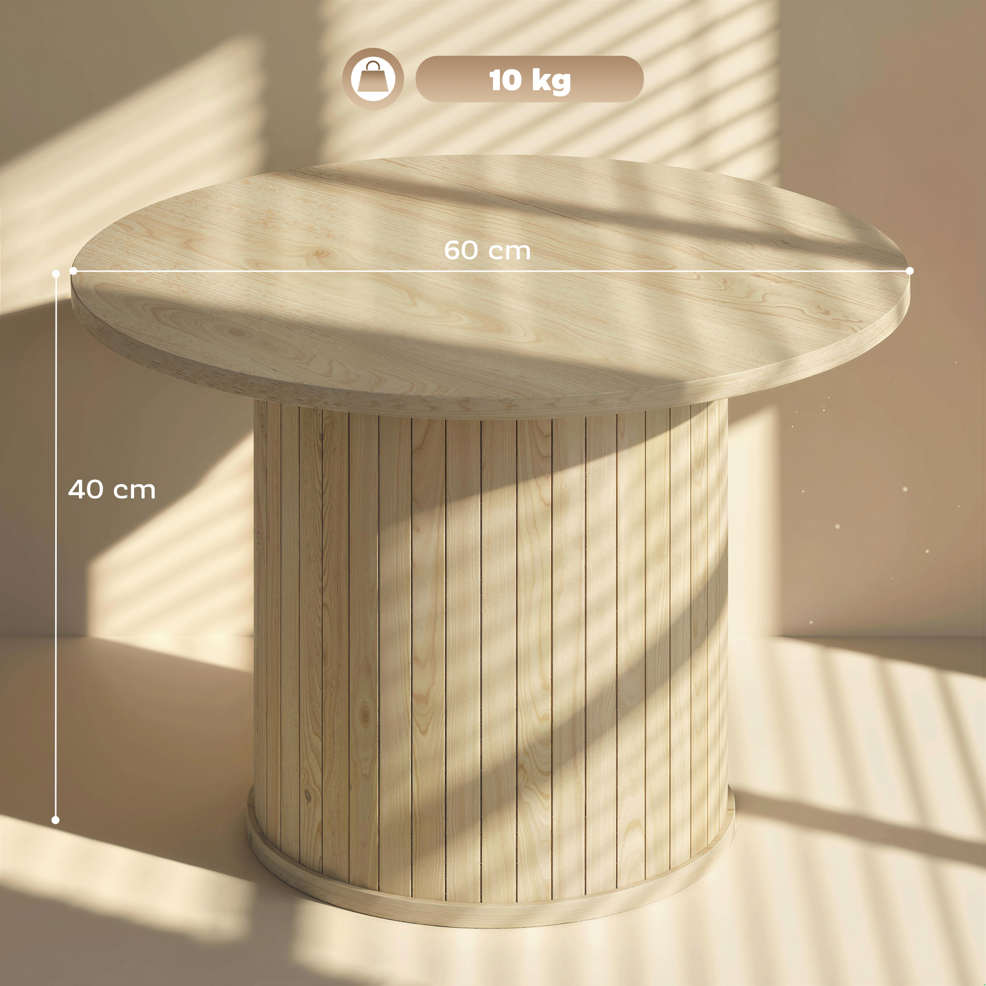Mesa redonda de madera, 60cm de ancho, 40cm de alto, 10kg.