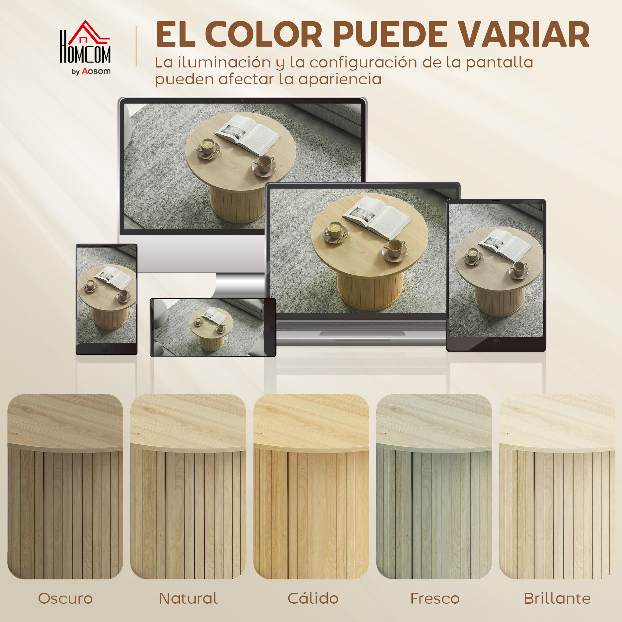 Mesas de madera en varios colores: Oscuro, Natural, Cálido, Fresco, Brillante.