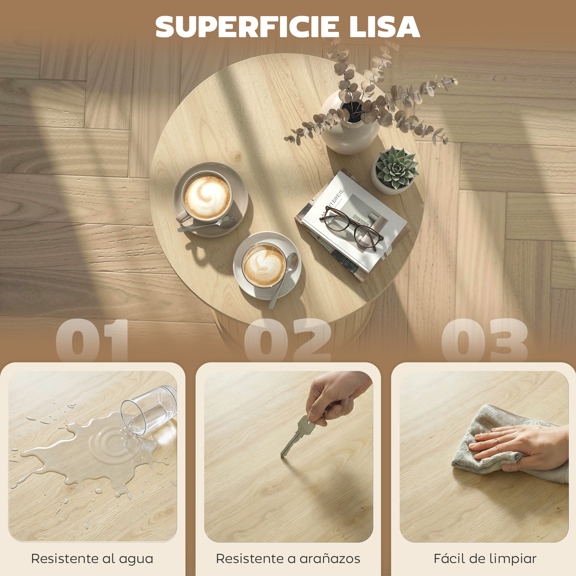 Superficie de madera con tazas de café, libros y plantas; tres detalles abajo.