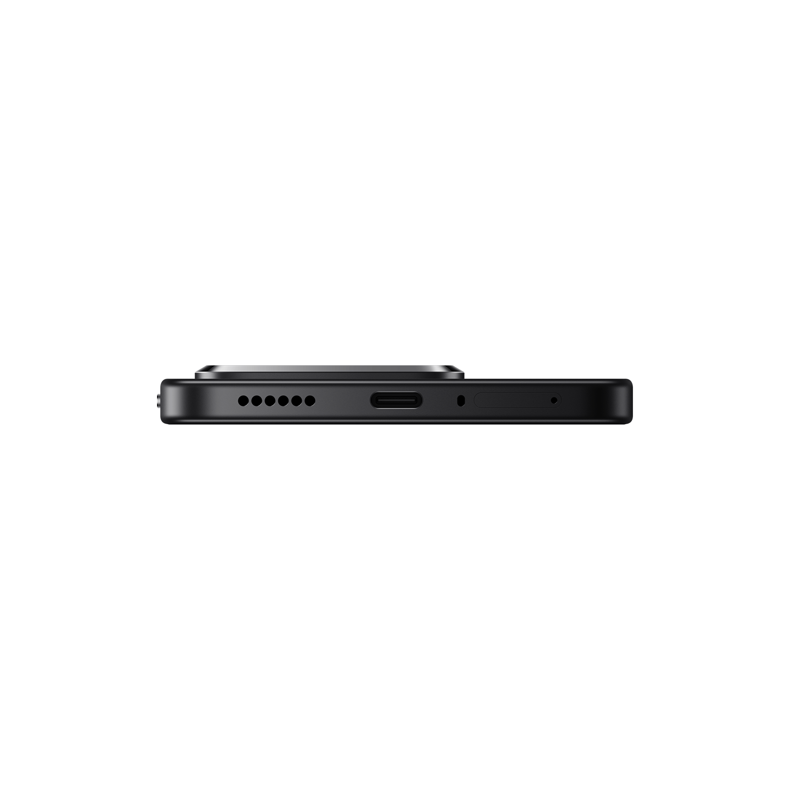 Die Unterseite eines schwarzen Smartphones mit Ladeanschluss und Lautsprecheröffnungen.