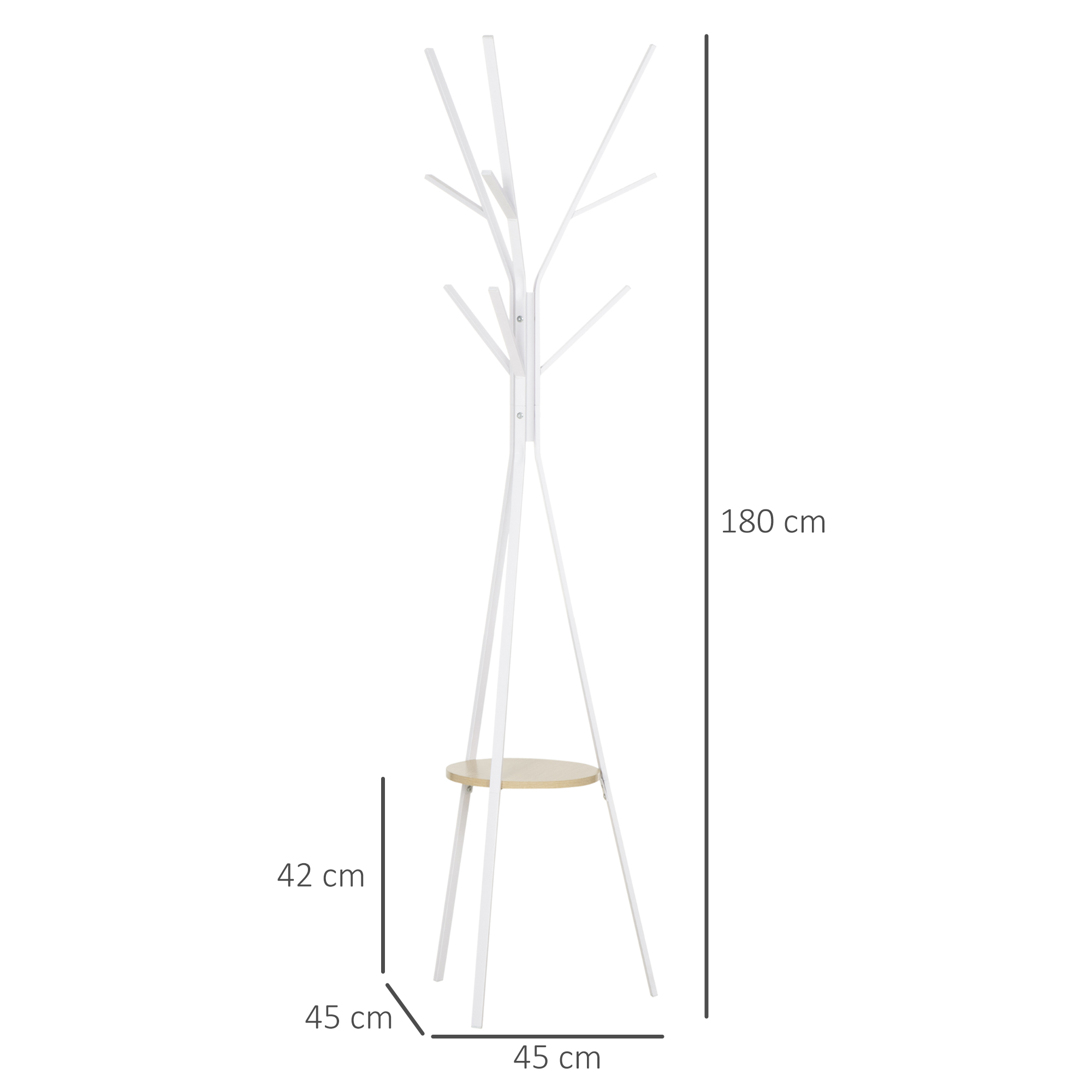 Un perchero blanco con estante de madera, de 180 cm de alto.