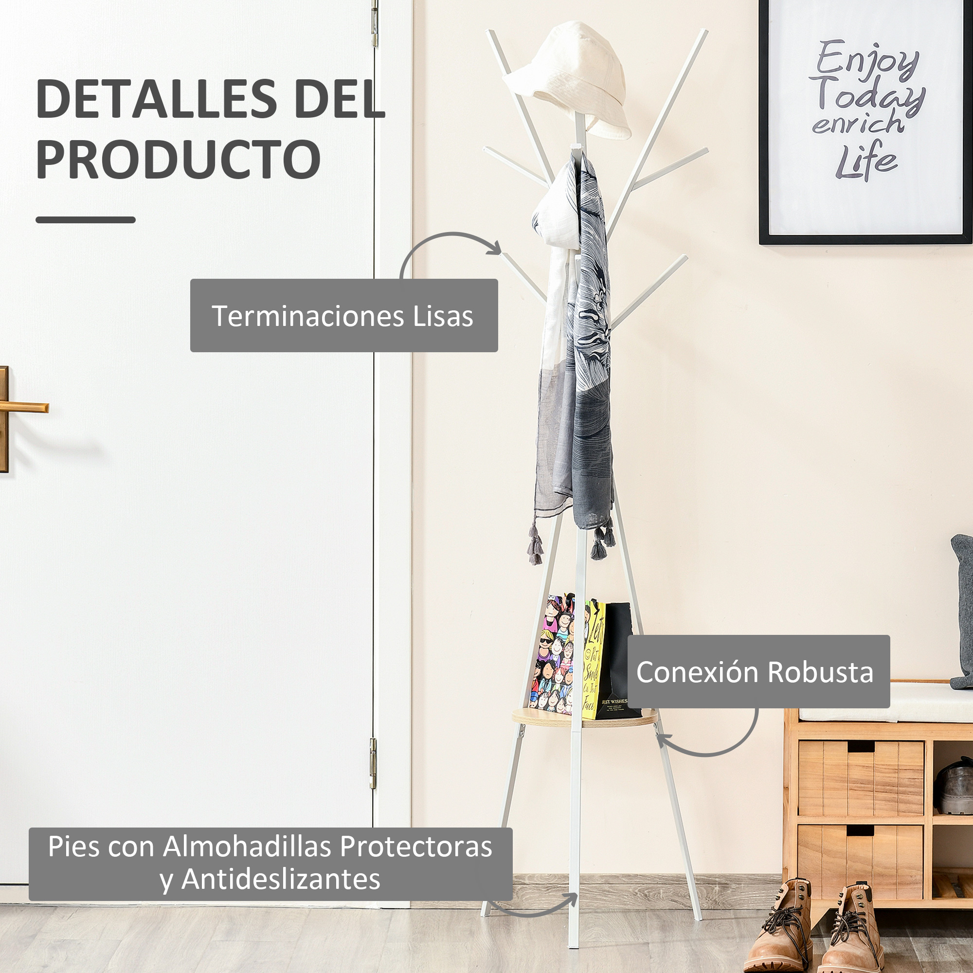 Un perchero blanco con sombrero y bufanda, junto a un estante con libros y zapatos.