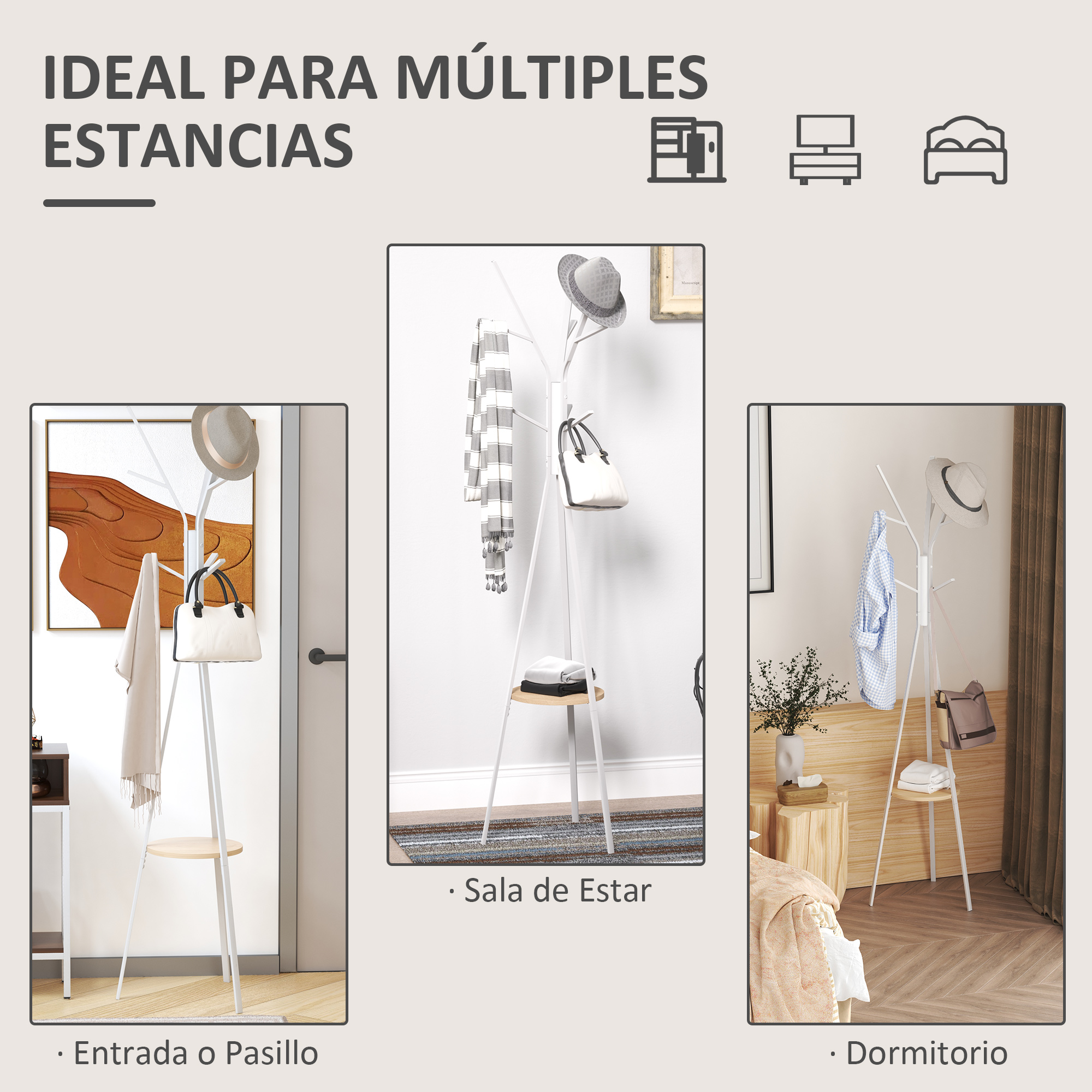 Un perchero blanco con sombreros, bufandas y bolsos en tres entornos.