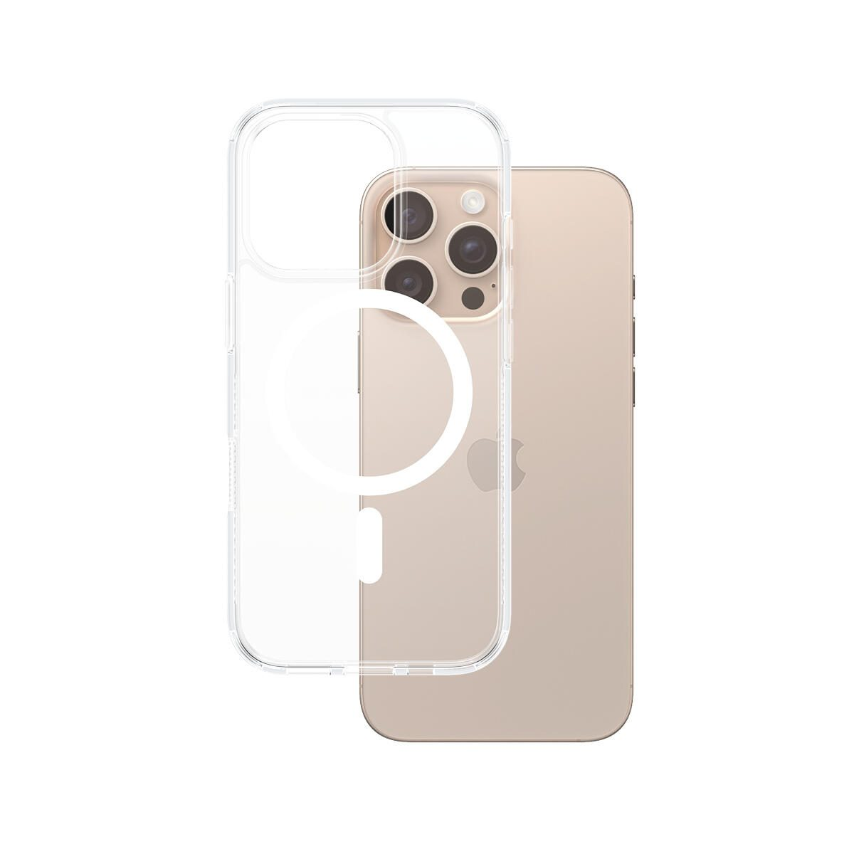 Una cover trasparente è posta sopra un iPhone 14 Pro dorato con tripla fotocamera.