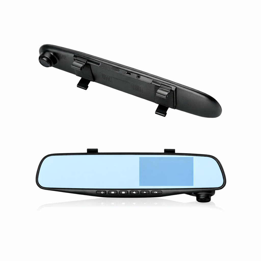 Dos vistas de un grabador de coche de espejo retrovisor negro con pantalla azul.