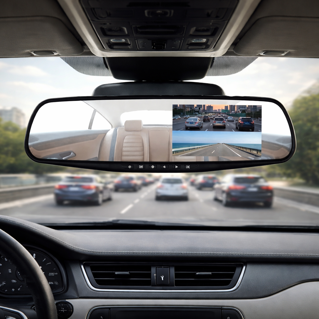 Espejo retrovisor muestra vistas del interior y la autopista.