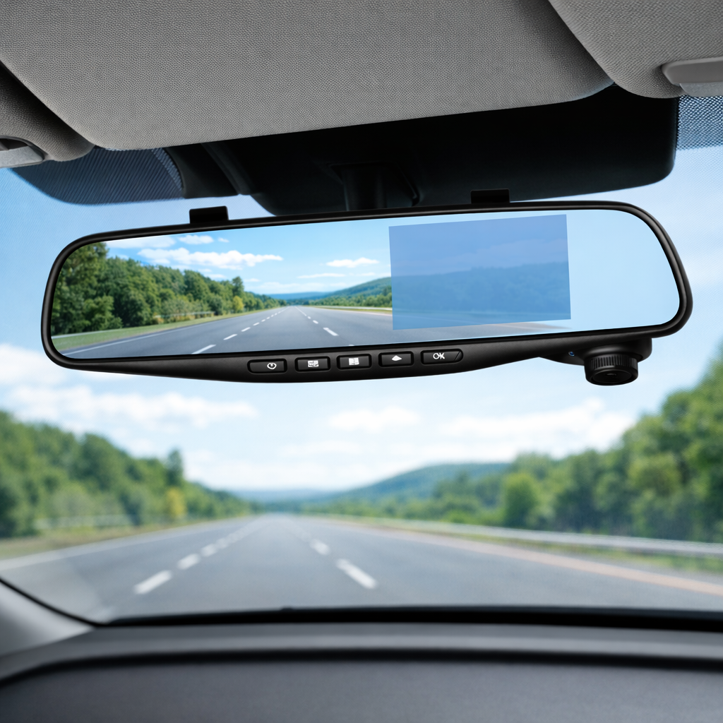 Espejo retrovisor que muestra una carretera con árboles y cielo azul.