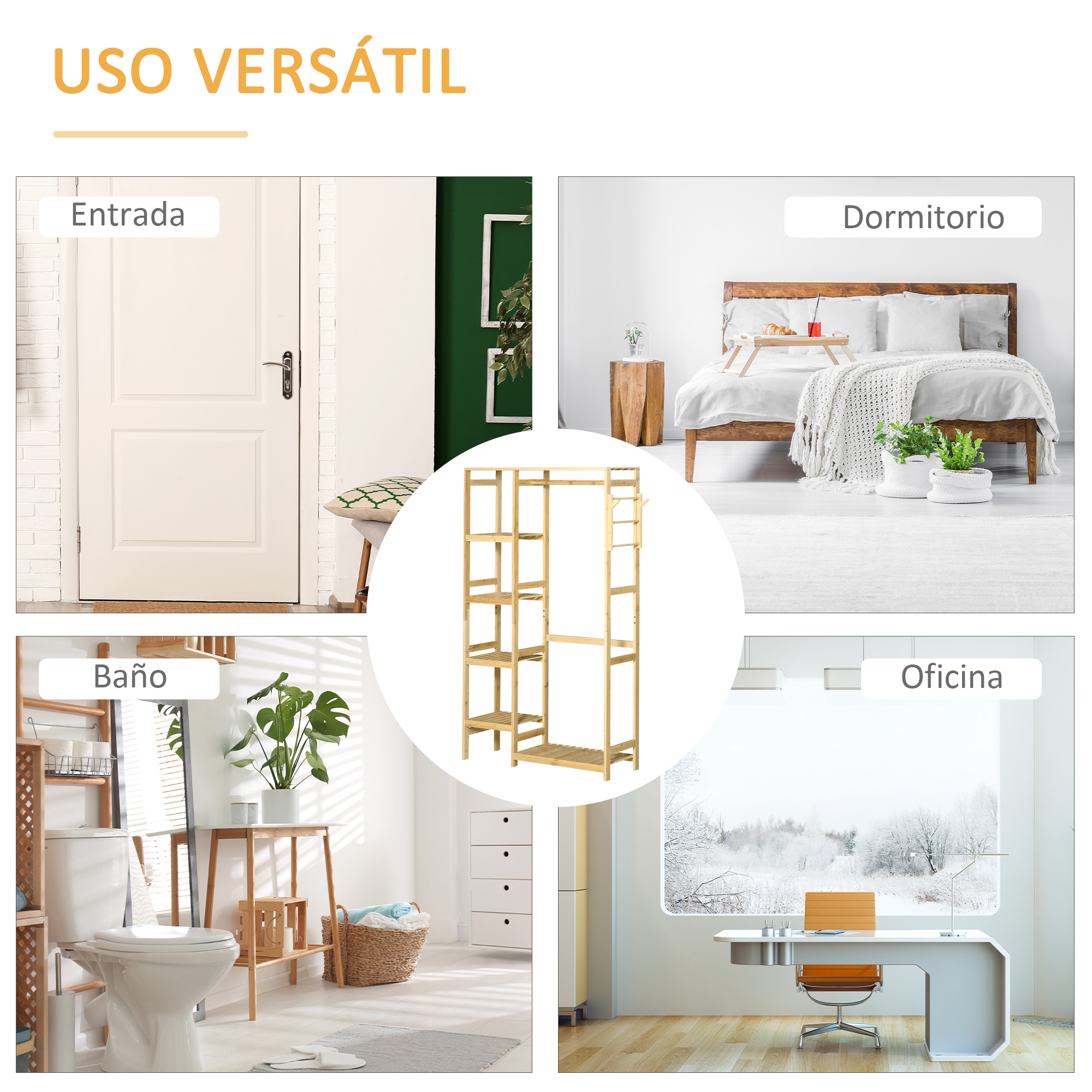 Estantería de madera multiusos en cuatro entornos: entrada, dormitorio, baño, oficina.