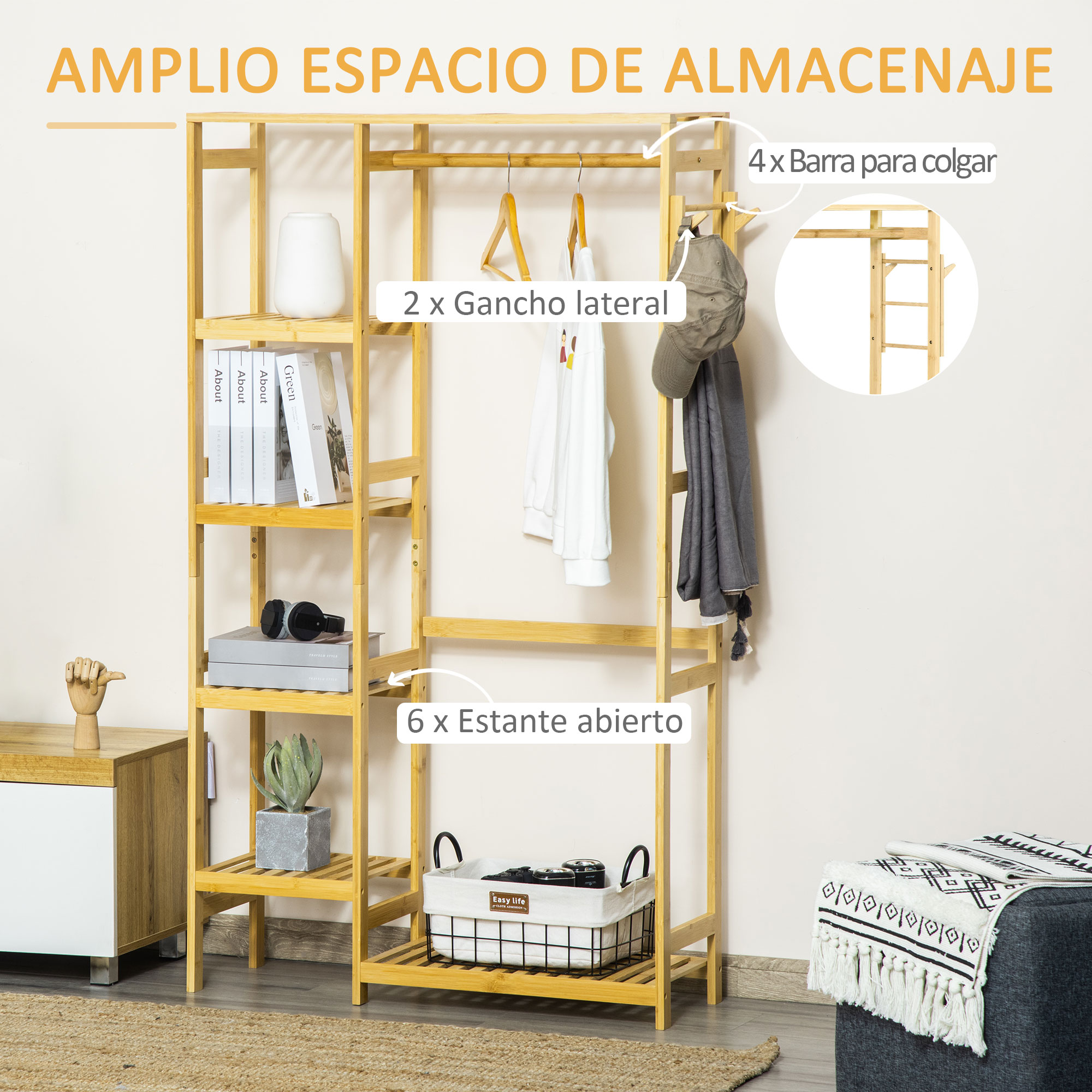 Estantería de madera con barra para colgar, ganchos y estantes abiertos. Contiene ropa y cestas.