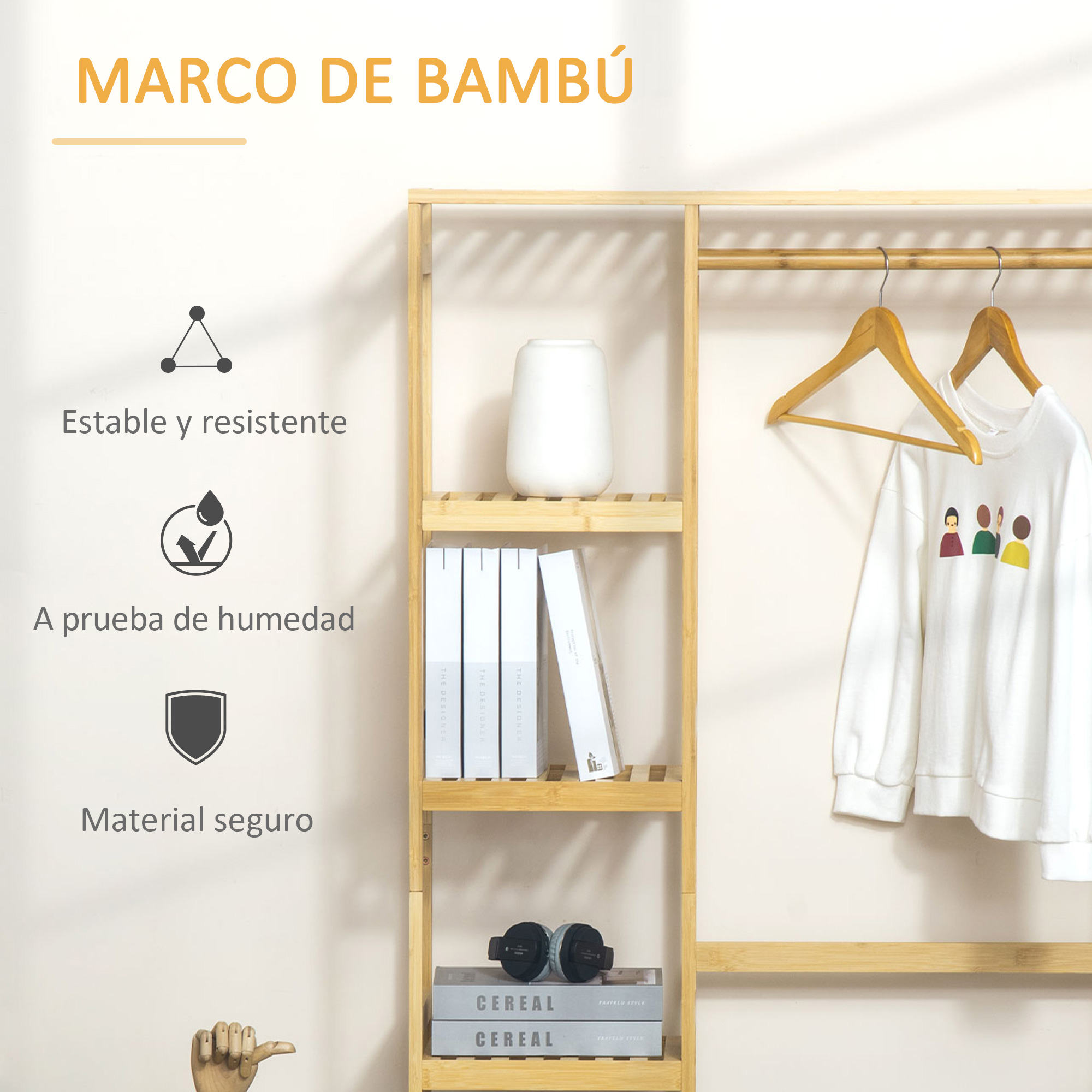 Perchero de bambú con estantes, ropa y libros.