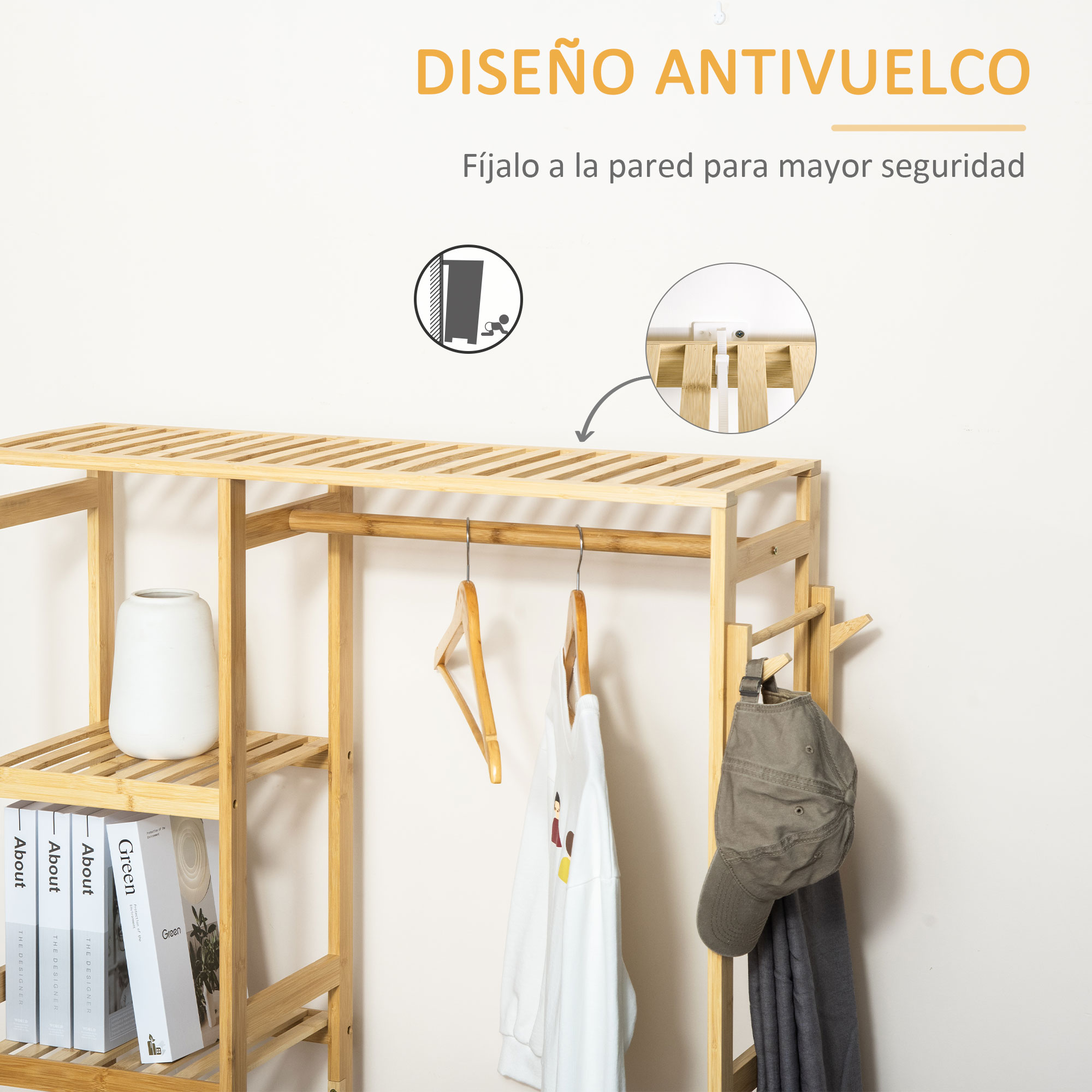 Estantería de bambú con ropa, jarrón y libros, icono antivuelco.