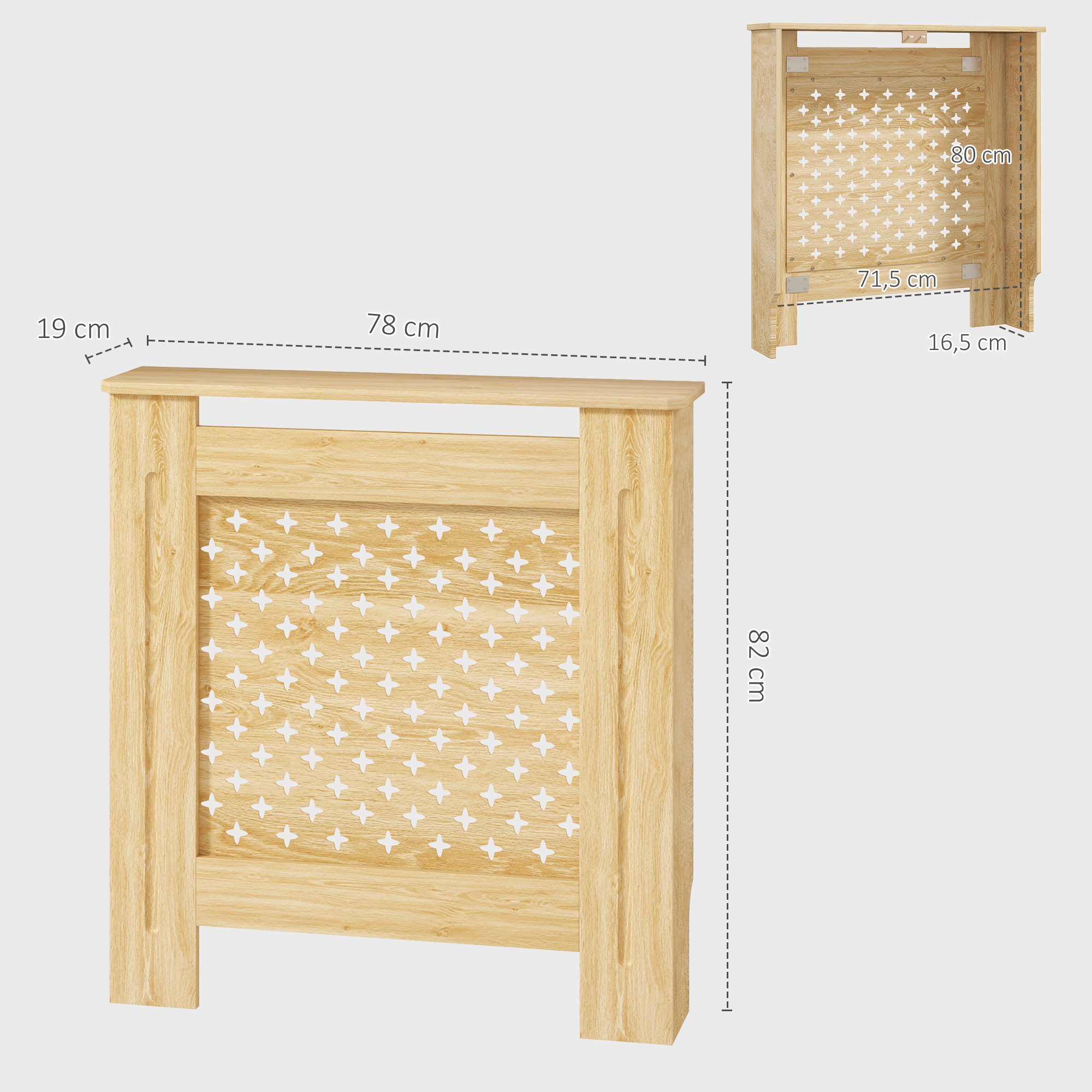 Cubierta de radiador de madera con patrón de estrellas. Medidas: 78x19x82cm.