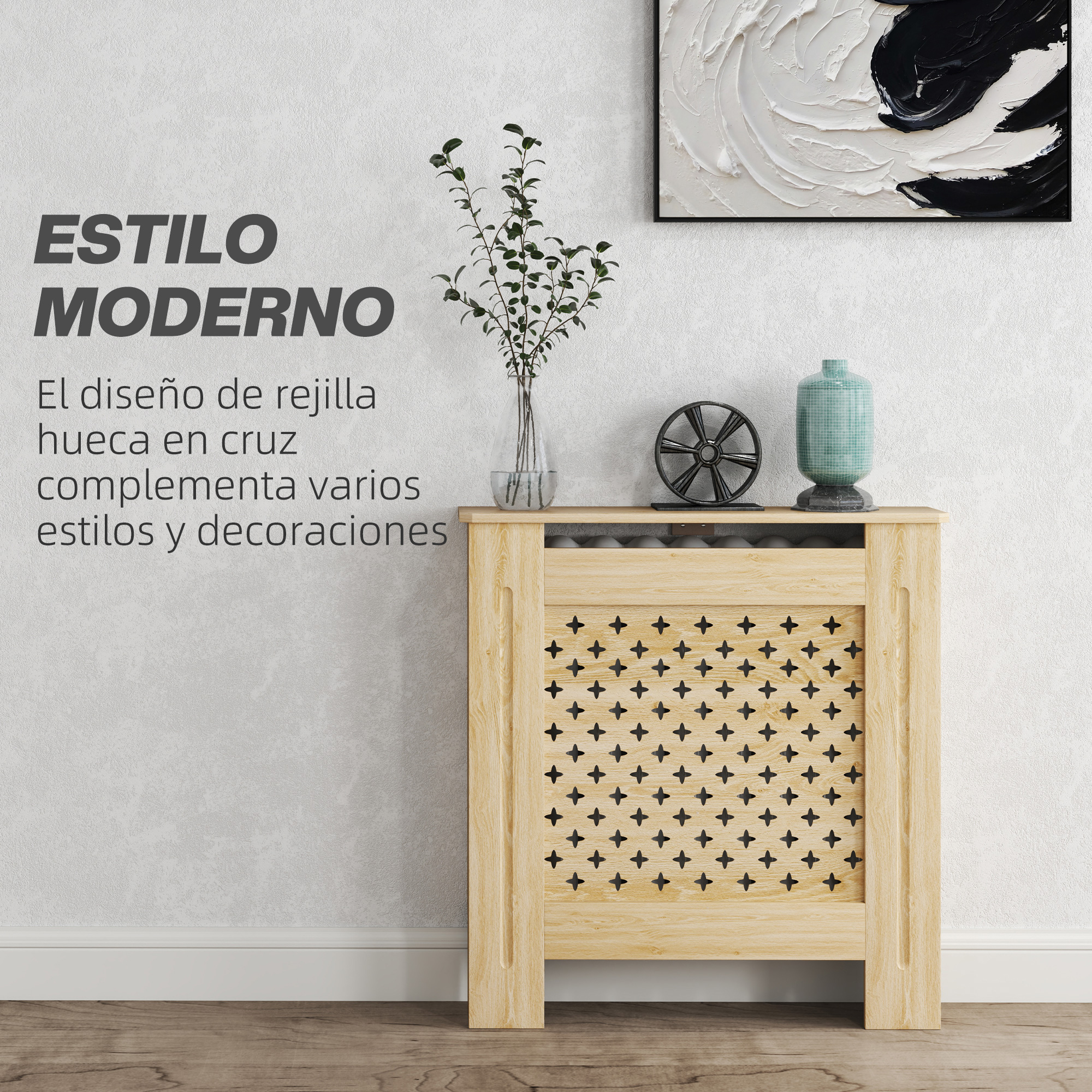 Una cubierta de radiador de madera con patrón de cruz está sobre una pared blanca.