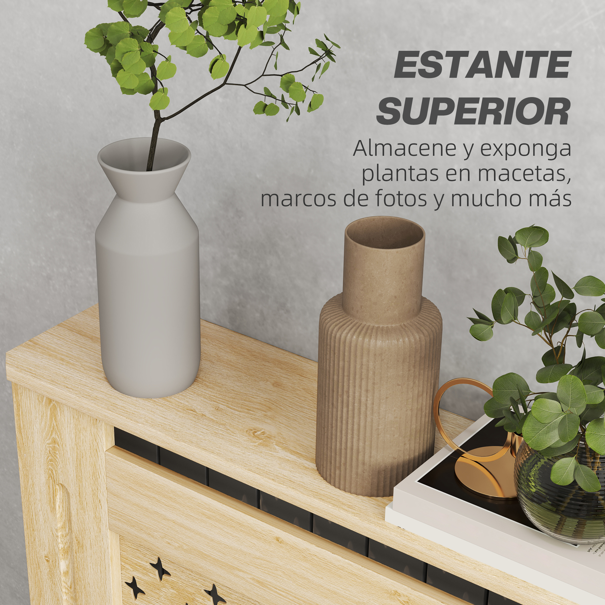 Un estante de madera clara con dos jarrones y plantas, sobre fondo gris.