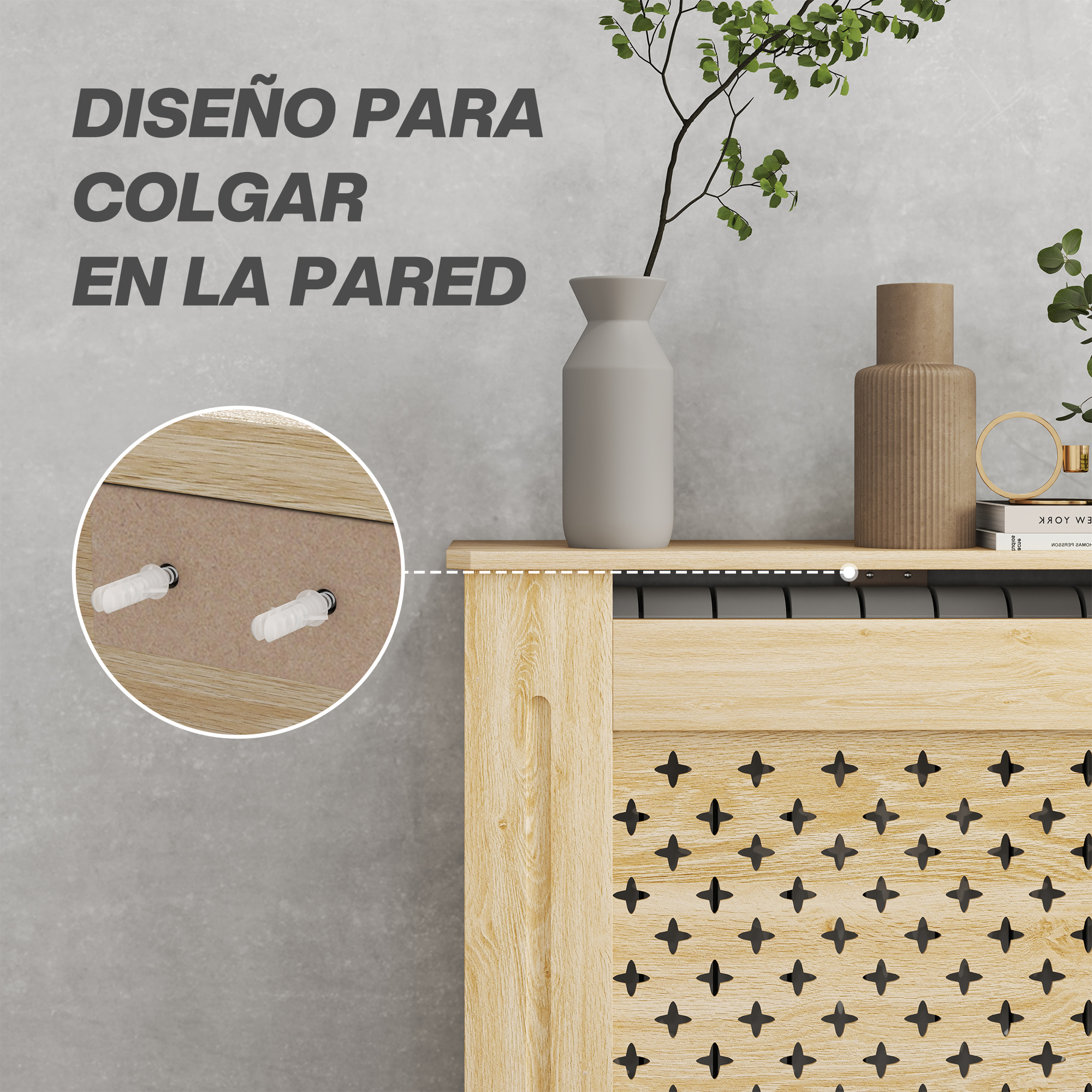 Cubierta de radiador de madera con patrón troquelado, detalle de montaje.