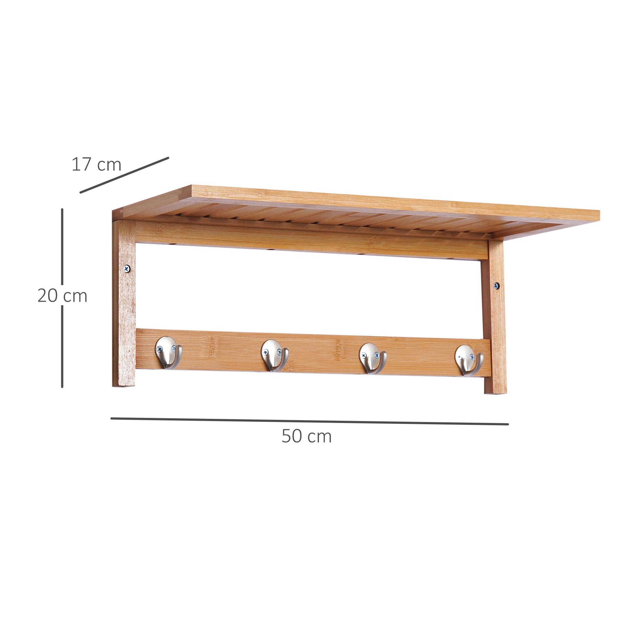 Una repisa de pared de madera con cuatro ganchos plateados. Medidas: 50x17x20 cm.