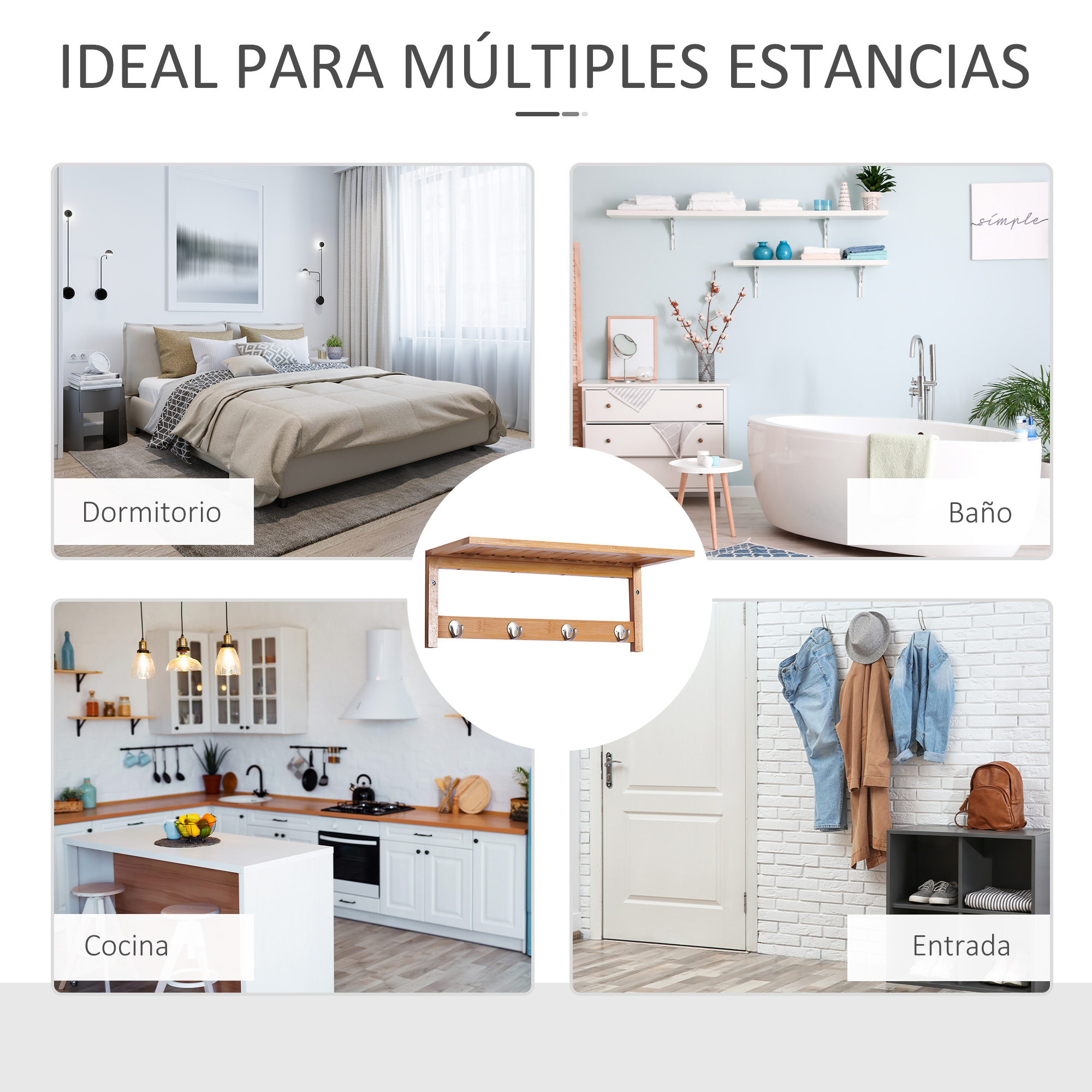 Colage muestra dormitorio, baño, cocina y entrada con muebles.