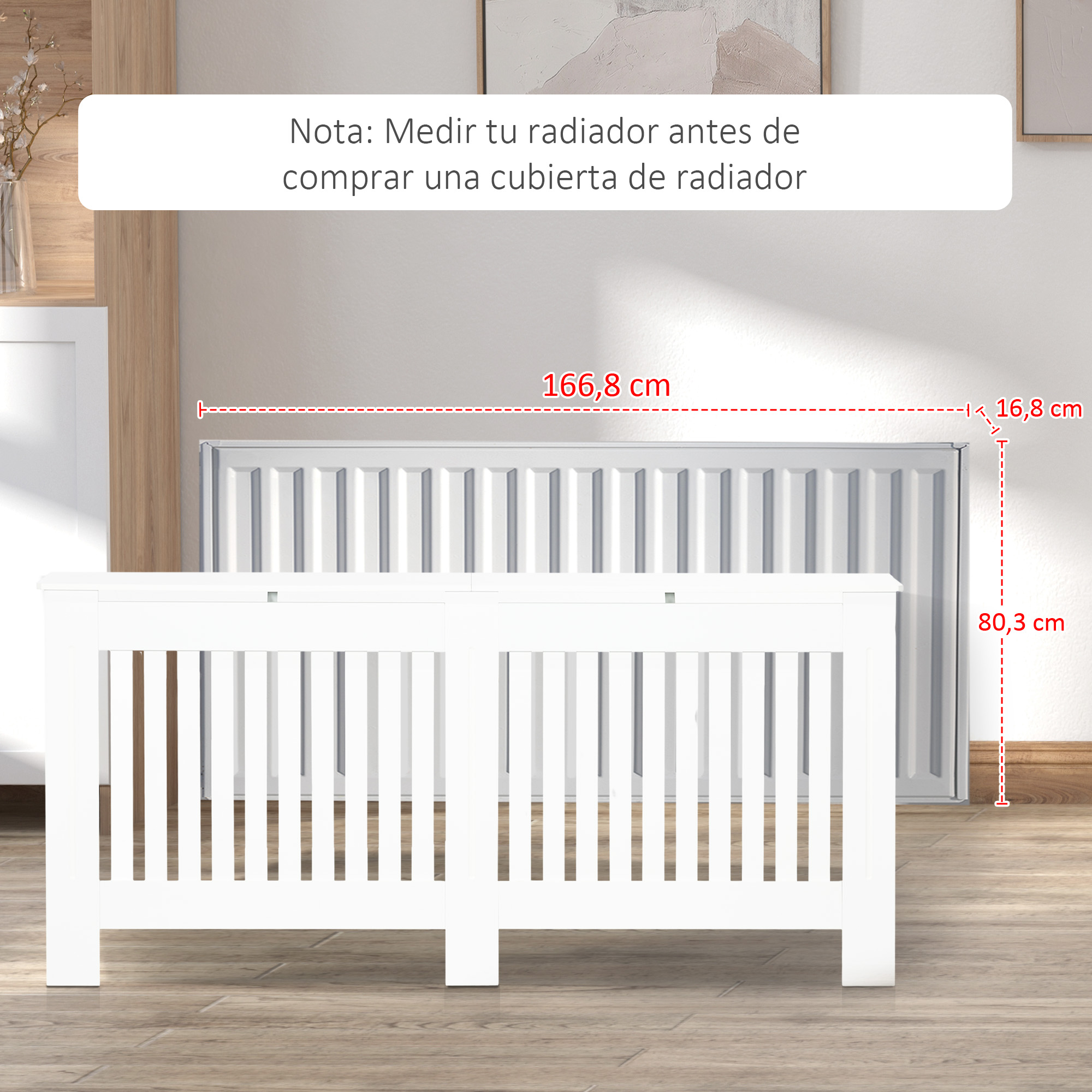 Cubierta blanca para radiador con medidas: 166,8 cm ancho, 16,8 cm fondo, 80,3 cm alto.