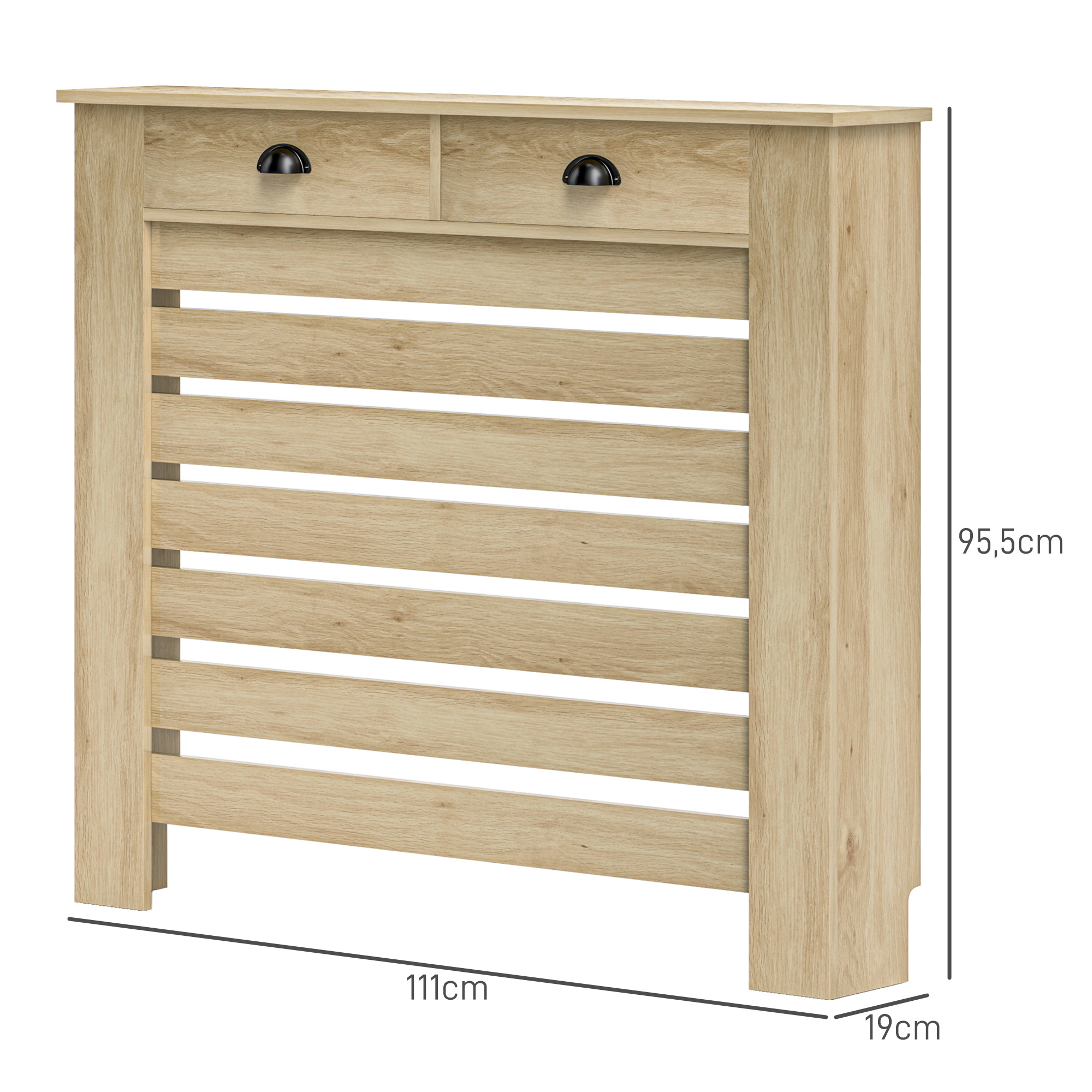 Mueble de madera clara con dos cajones y frontal de lamas. Medidas: 111x19x95,5cm.