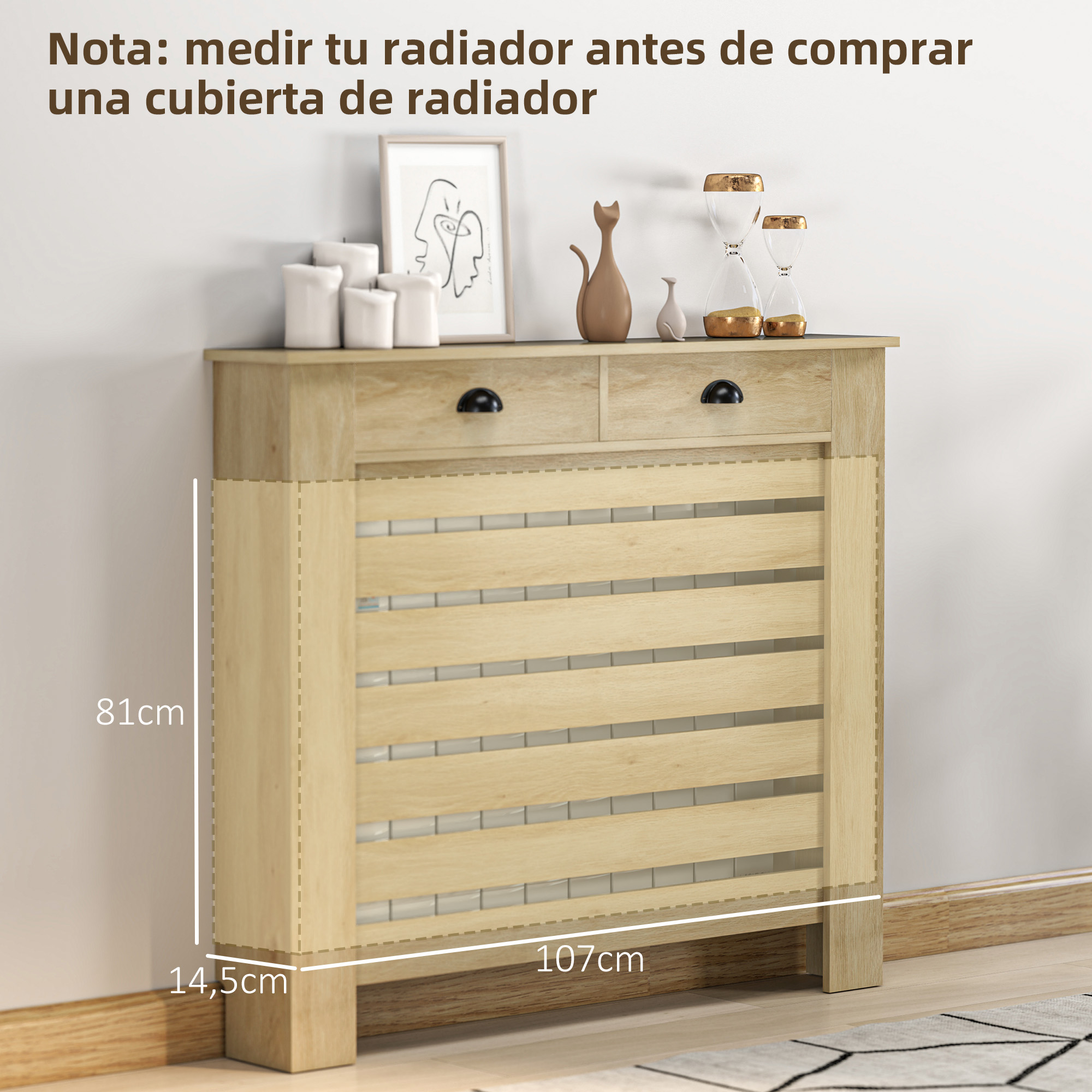 Funda de radiador de madera con cajones, medidas 107x14,5x81cm.