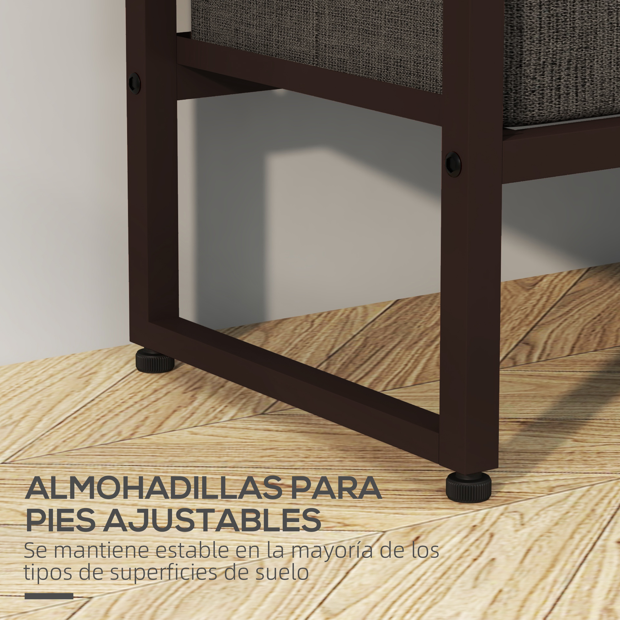 Patas de muebles marrón oscuro con pies ajustables en suelo de madera.