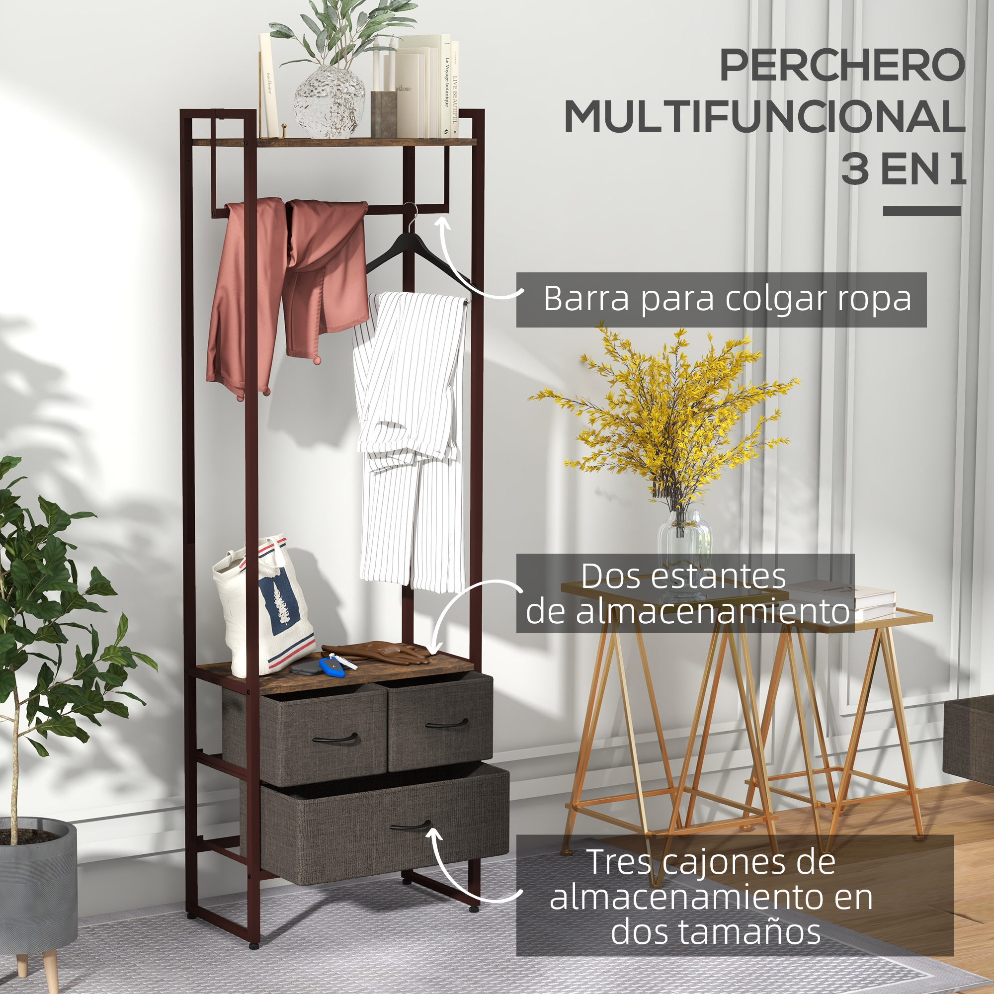 Un perchero multifuncional con barra para colgar, dos estantes y tres cajones.