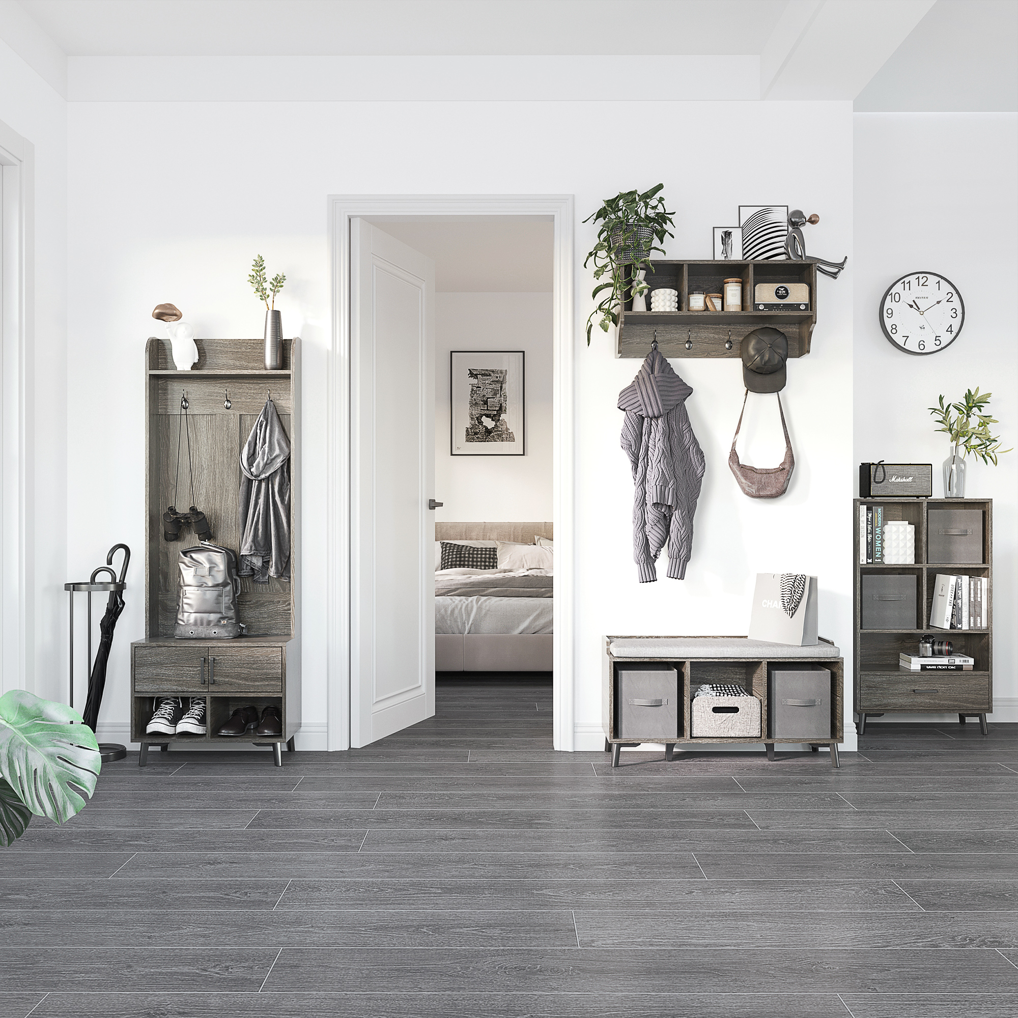 Un pasillo con muebles de madera, ropa, zapatos y decoración.