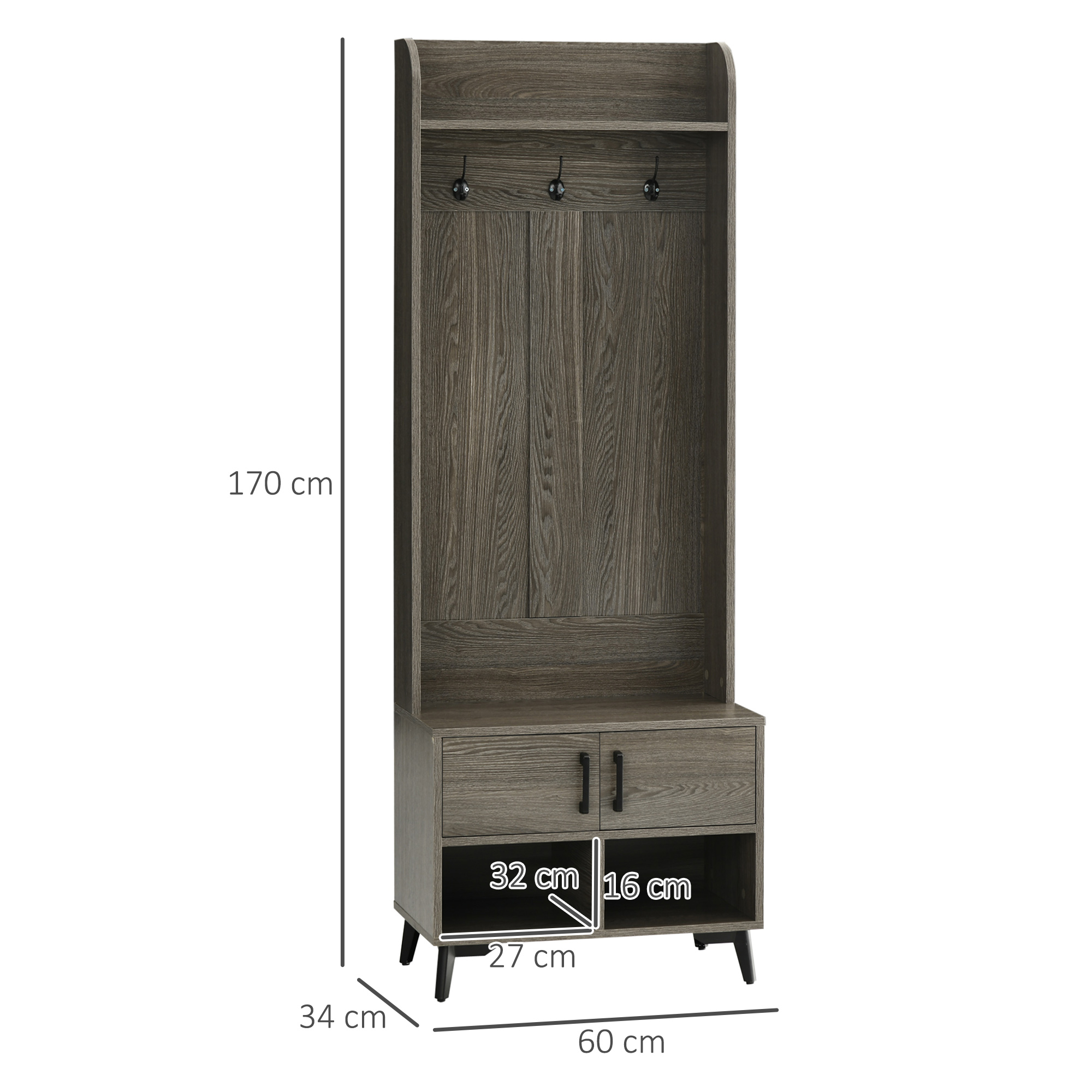 Mueble de recibidor de madera gris con 3 ganchos, 2 cajones y estantes abiertos.