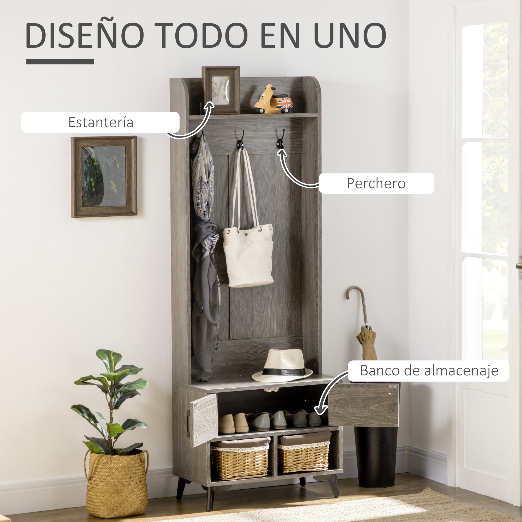 Mueble recibidor gris con estante, ganchos, zapatero y cajón.