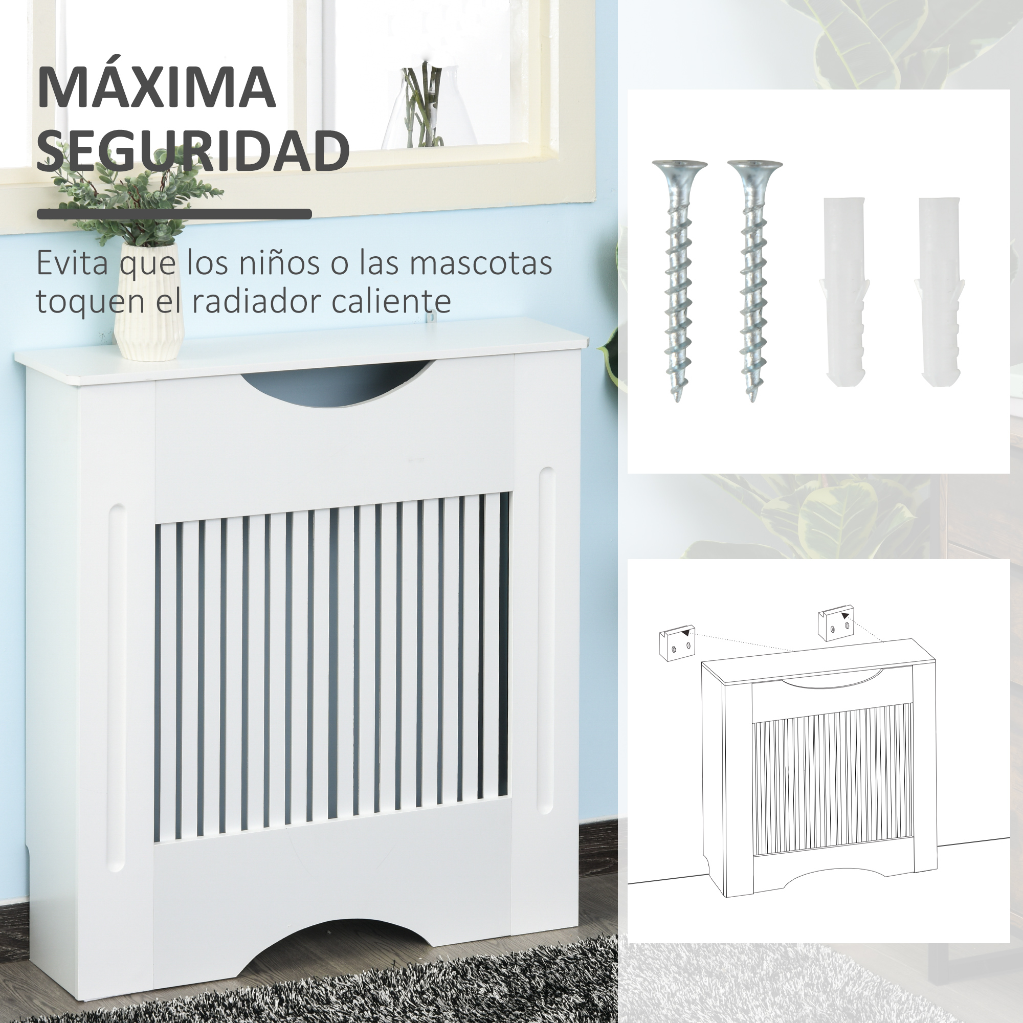 Funda blanca para radiador con lamas, tornillos y tacos.