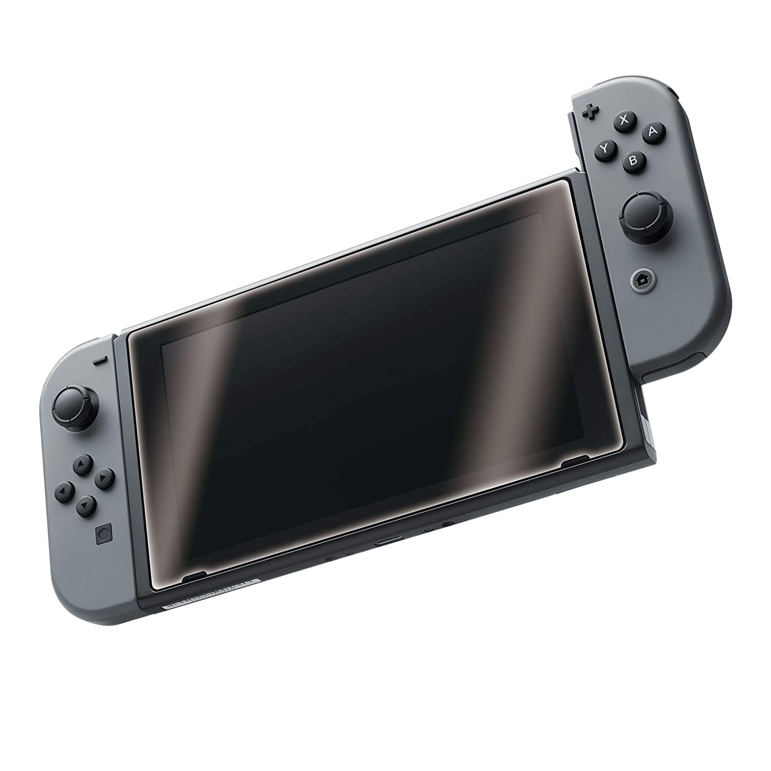 Szara konsola Nintendo Switch z podłączonymi kontrolerami, na białym tle.