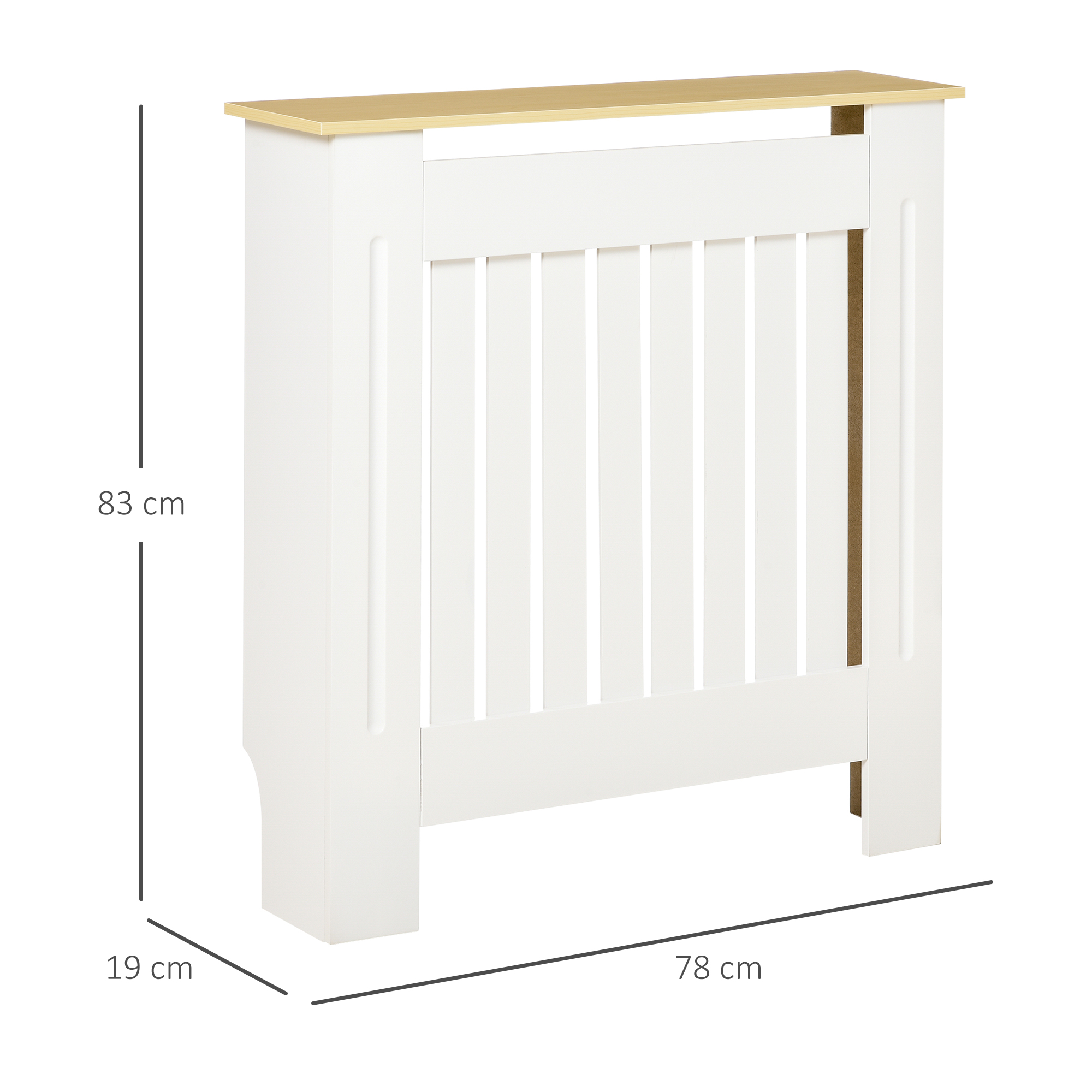 Una unidad blanca de cubierta de radiador con tapa de madera.