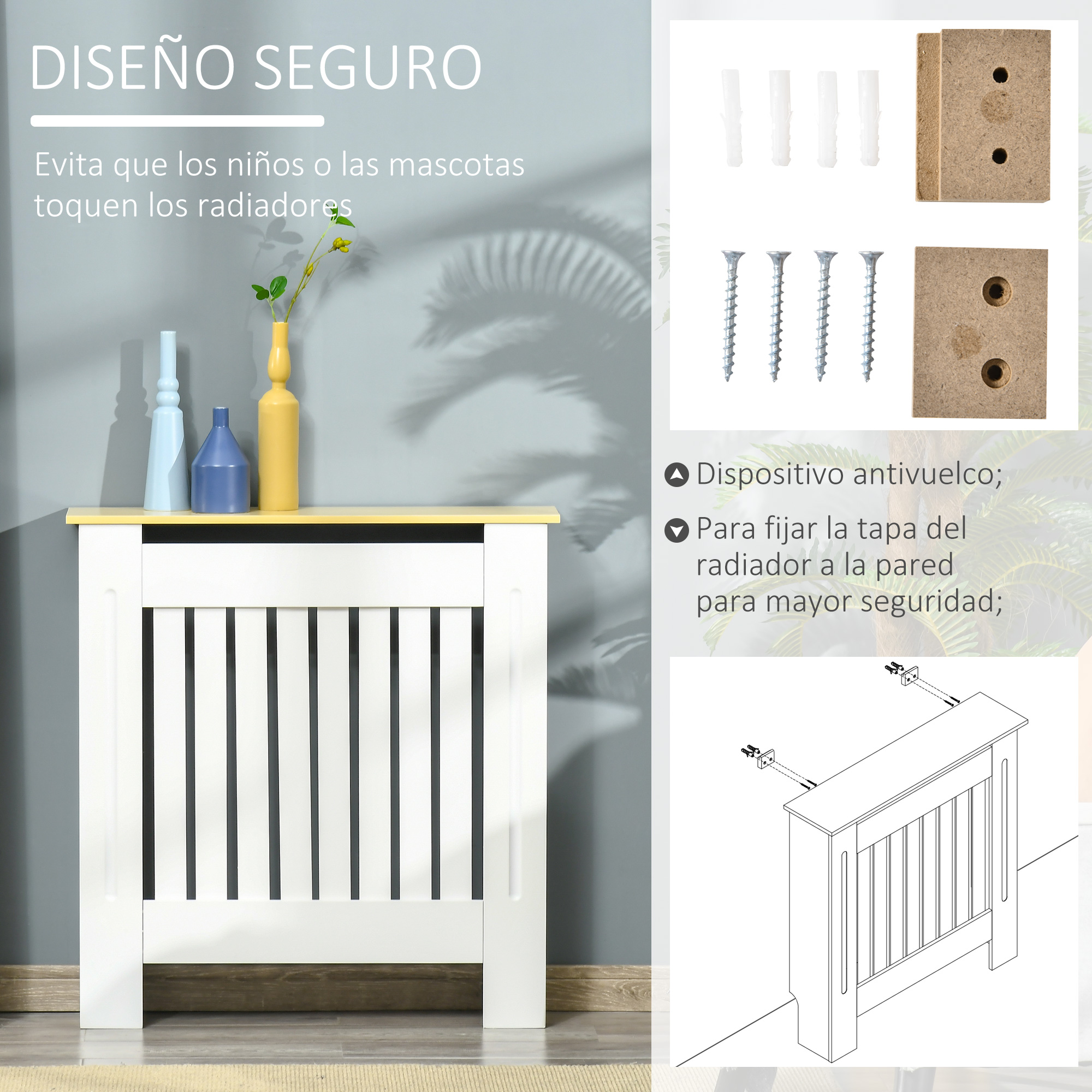 Una cubierta blanca para radiador con lamas verticales y jarrones decorativos encima.