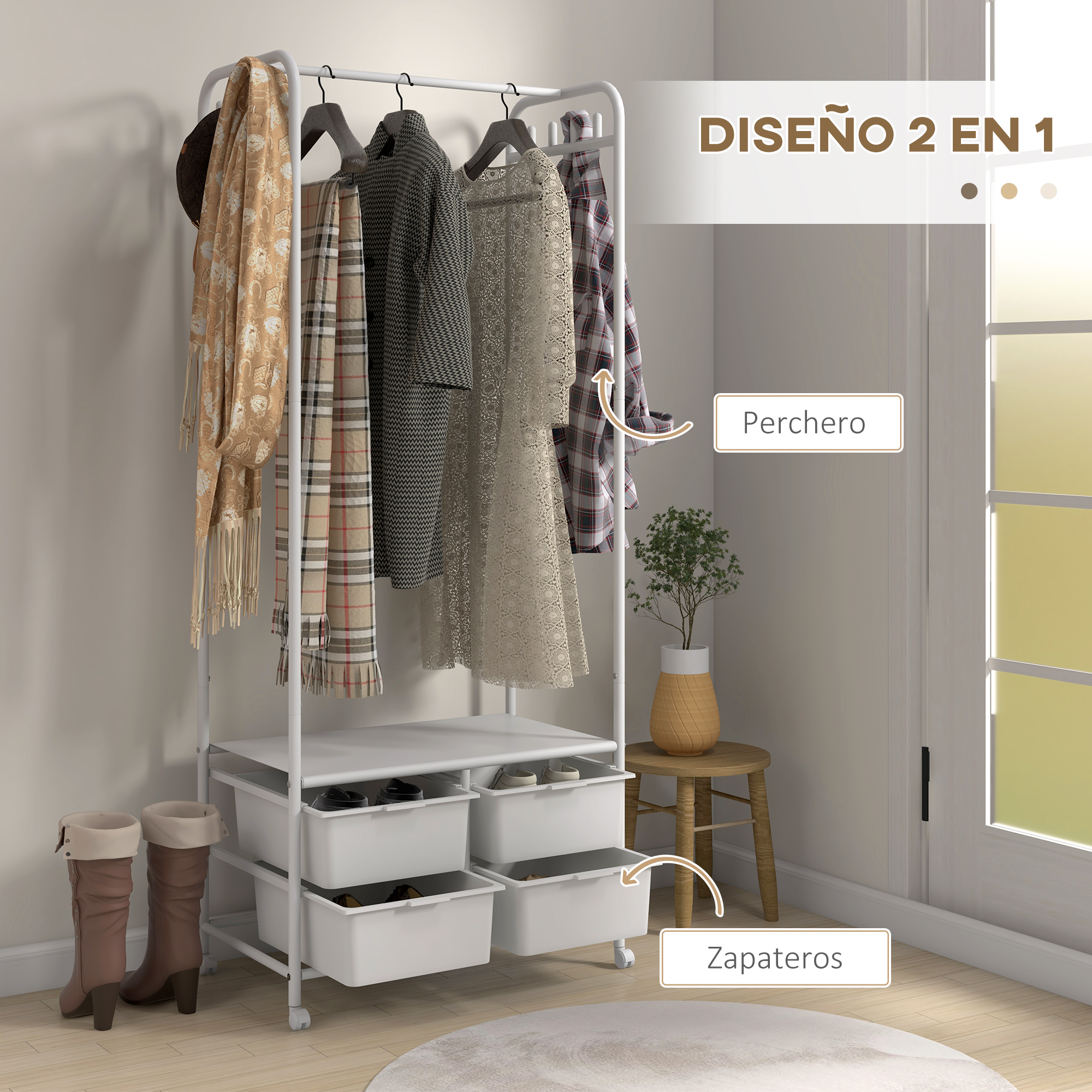 Un perchero blanco con ropa y botas, al lado un taburete con planta.