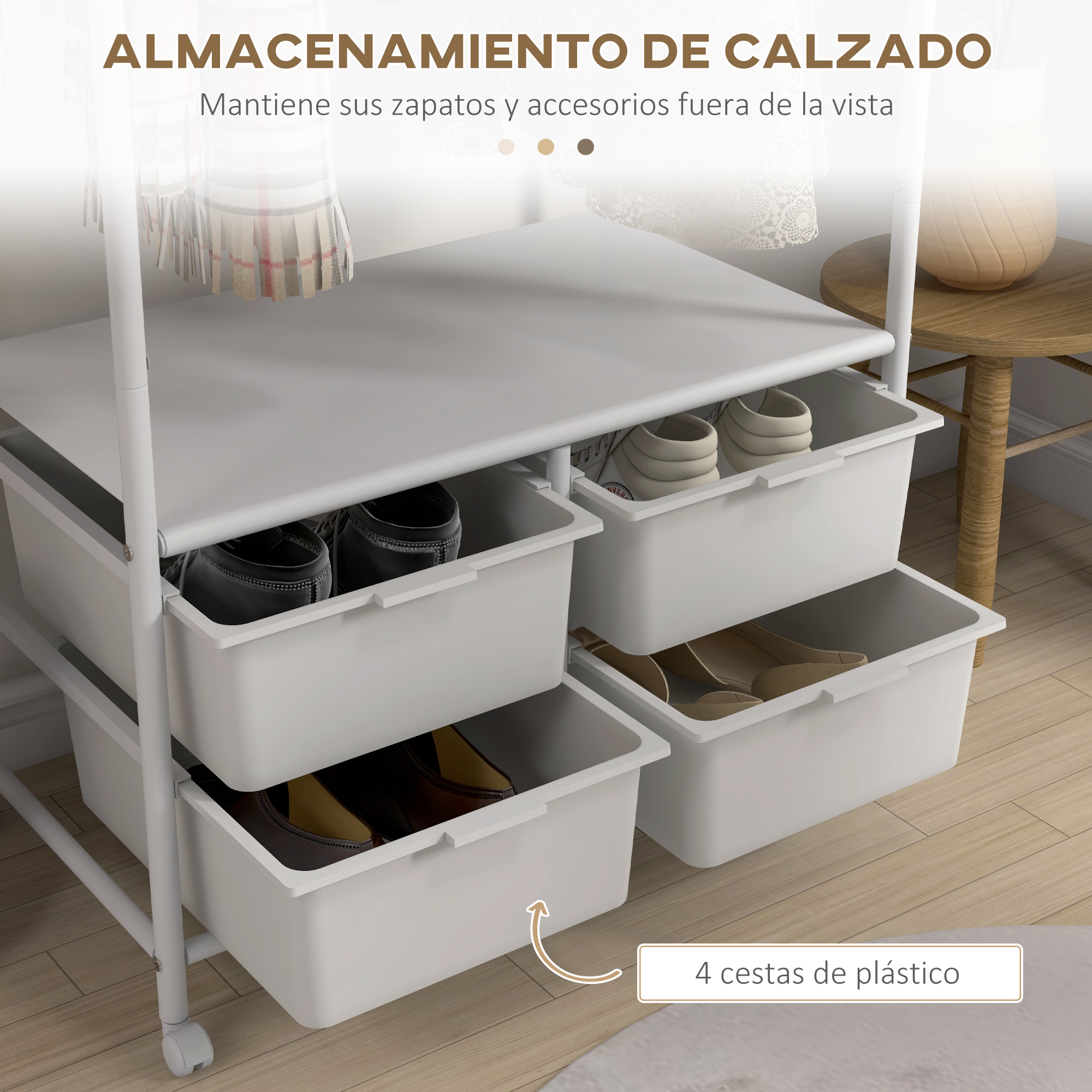 Un zapatero blanco con cuatro cajones, lleno de zapatos.